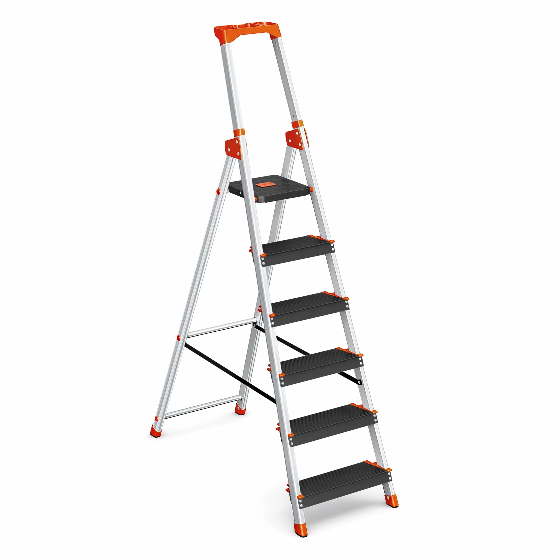 SONGMICS Scaletta a 6 Gradini, Scala Pieghevole in Lega di Alluminio, Gradini Larghi 12 cm, con Portautensili e Piedini Antiscivolo, Max. Portata Statica 150 kg, Nero e Arancione GLT06BK