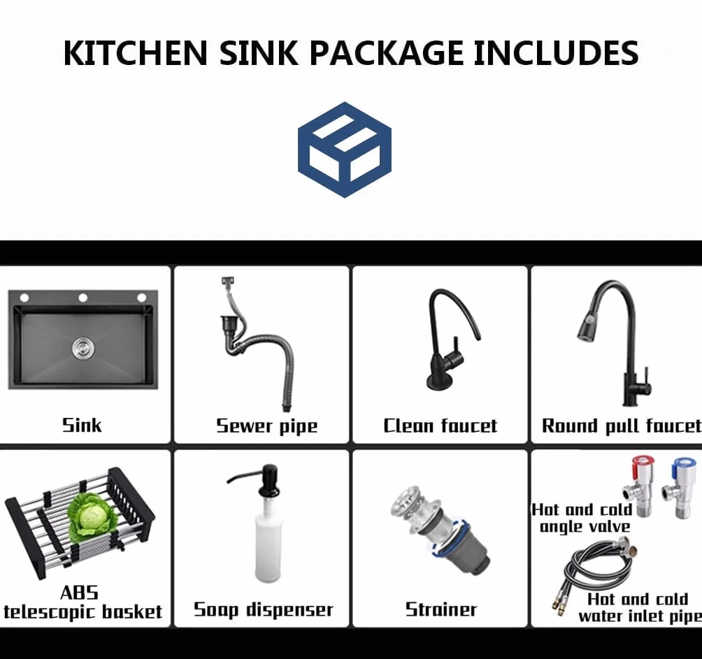 Lavandino Cucina Nero 60 x 45 cm, Lavello Cucina 1 Vasca in Acciaio Inox, Lavello Sottotop o Sopratop Con Rubinetto Estraibile/Dispenser Sapone/Scolapiatti/Rubinetto Acqua Depurata (Nero, 60x45cm)