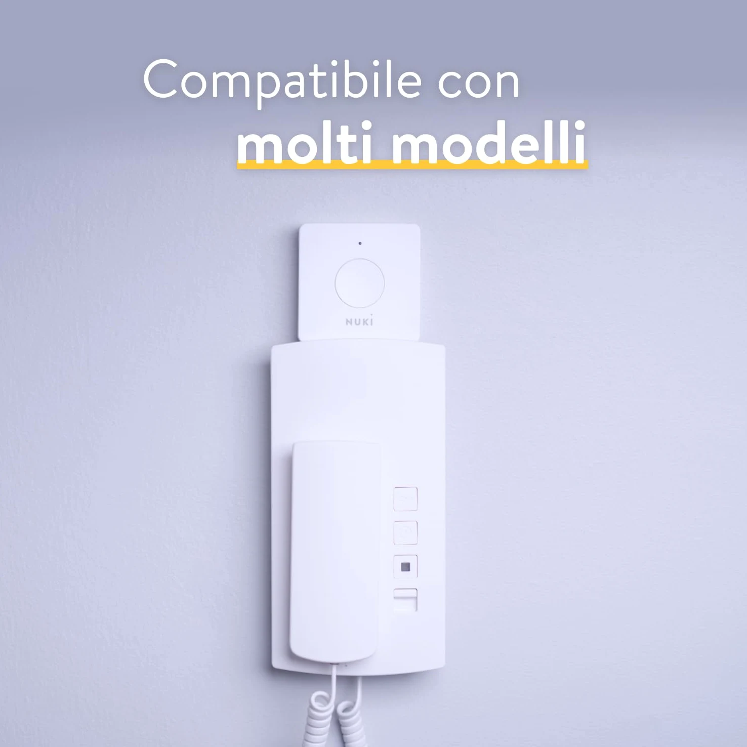 Nuki Opener, serratura elettronica per il condominio, necessario l'uso del Nuki Bridge, comando del citofono tramite smartphone, apriporta automatico case multifamiliari, Smart Home, bianco