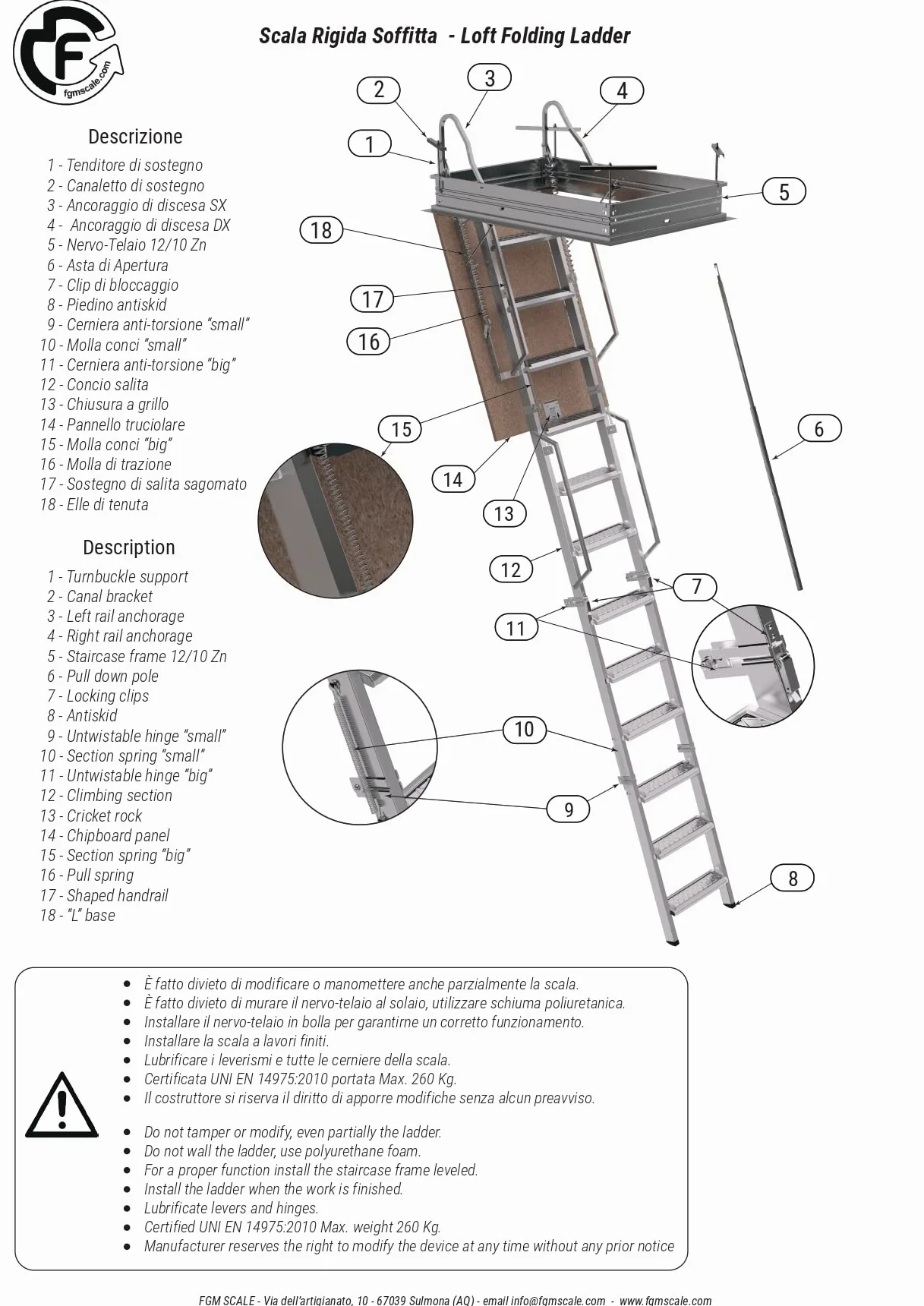 Scala Retrattile Rigida Soffitta in Acciaio Bianco | Quattro sostegni di salita sagomati | Gradino Lato 80 | Misura 80X100 H270-H300 cm