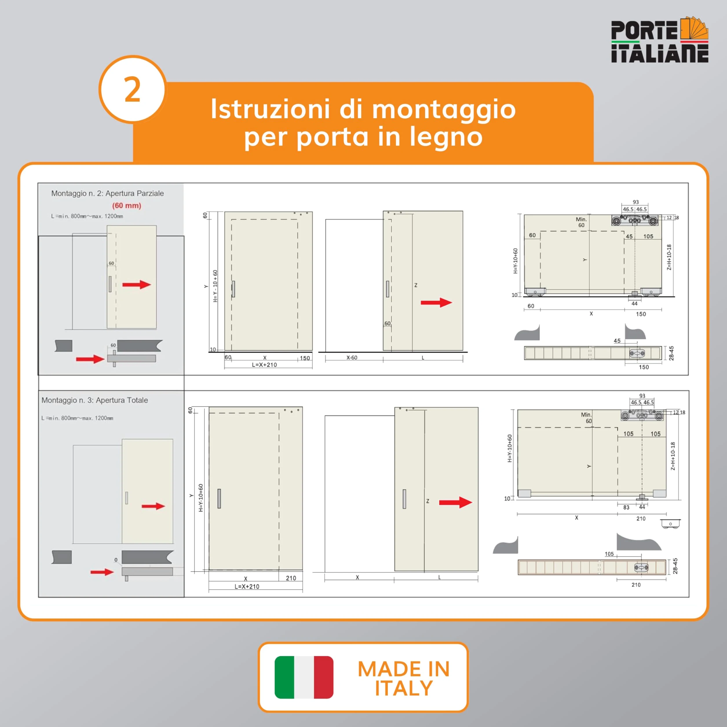 Porte Italiane, Binario Porta Scorrevole Invisibile MAGICAL 1200, per Porta Scorrevole Esterno Muro in Legno Larga da 80 cm a 120 cm, Kit con Meccanismo, Accessori e Guida