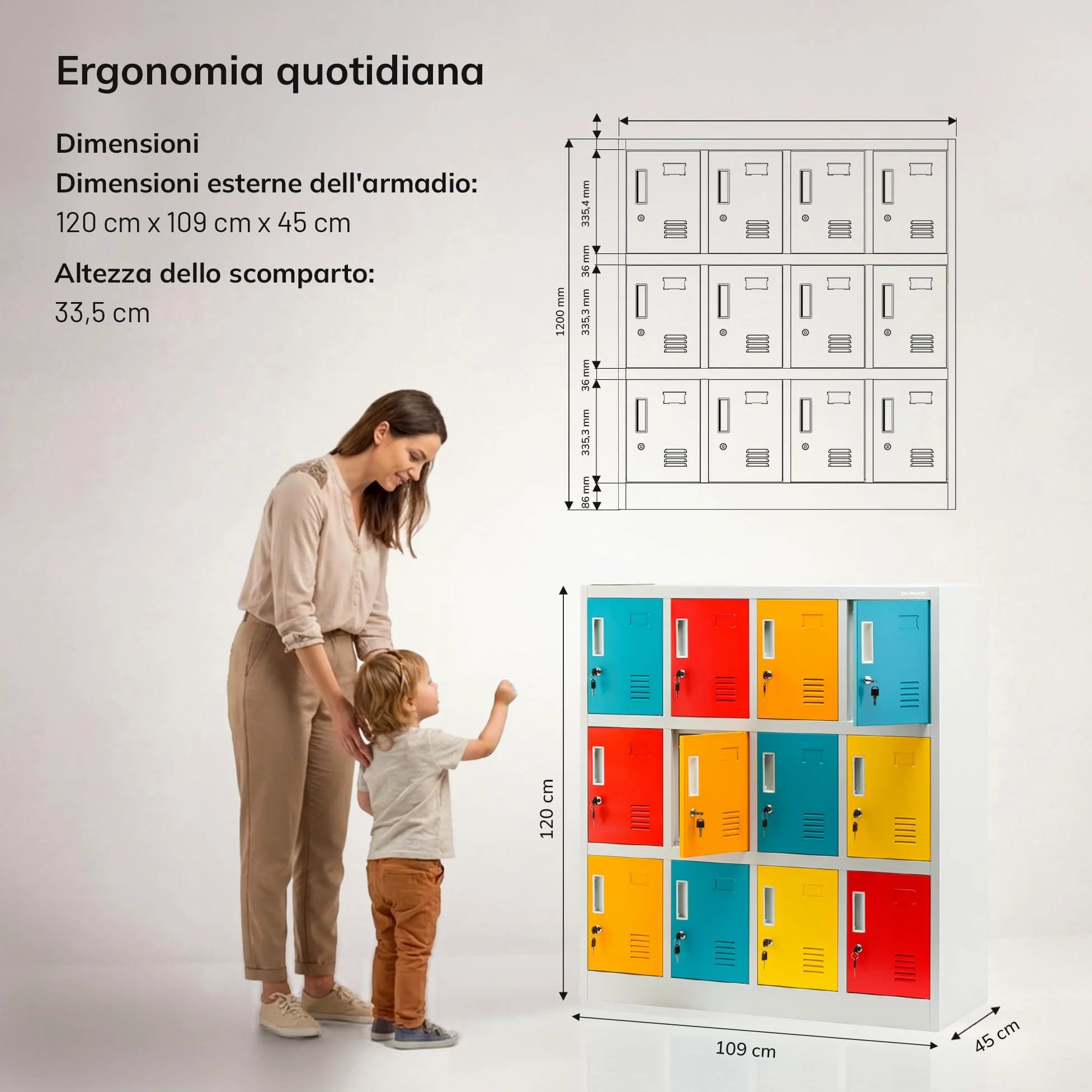 Jan Nowak Armadietto spogliatoio Armadio metallico con 12 Scomparti Fessure di ventilazione Rivestimento in polvere 120 cm x 110 cm x 45 cm (Multicolore)
