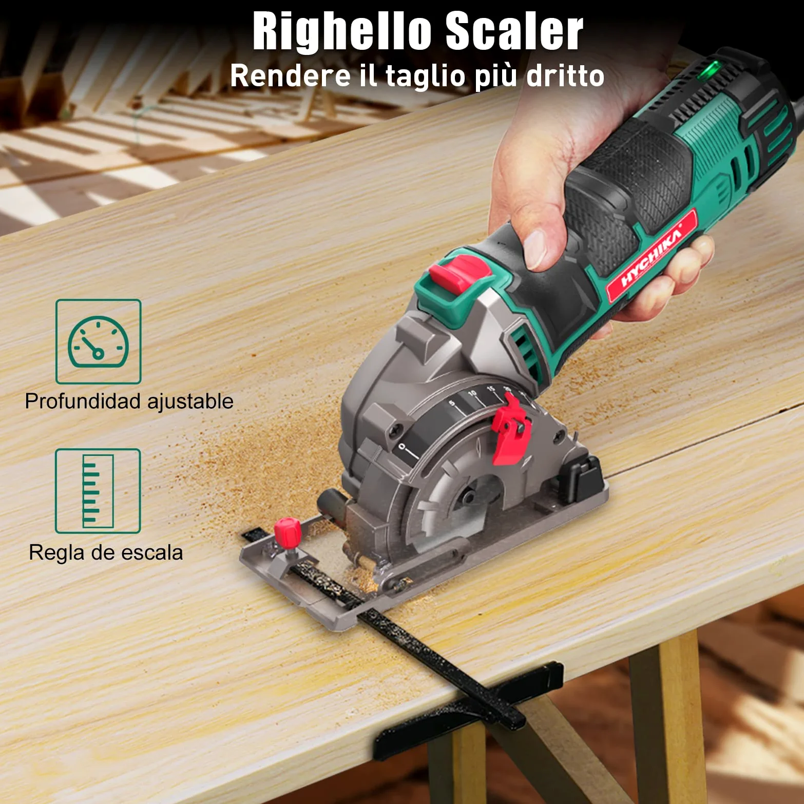 HYCHIKA Sega Circolare, 500W Mini Seghe Circolare 4500RPM, Profondità di Taglio: 0-25mm,Tubo per Aspirapolvere, 3x Lame adatto per Legno, Plastica, Metallo Morbido