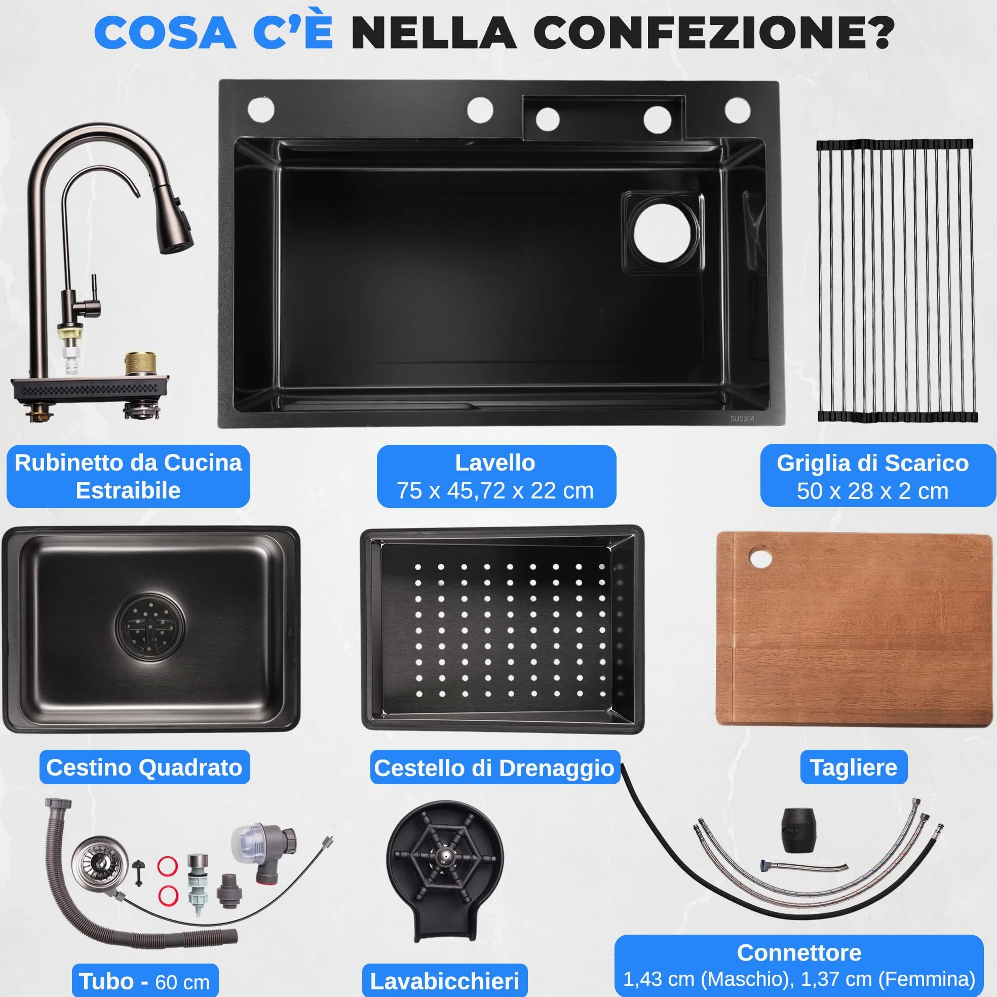 SereneLife Lavello Cucina 1 Vasca in Acciaio Inox Nero 75x46x22 cm, Lavandino Cucina con Scolapiatti, Cestello Filtro, Vassoio e Tagliere