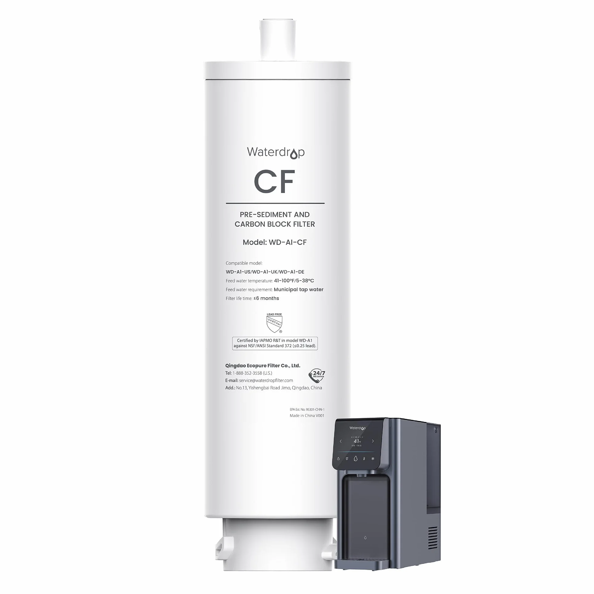 Waterdrop WD-A1-CF Filtro, Ricambio per l'Erogatore di Acqua Calda e Fredda a Osmosi Inversa WD-A1, Durata di 6 Mesi