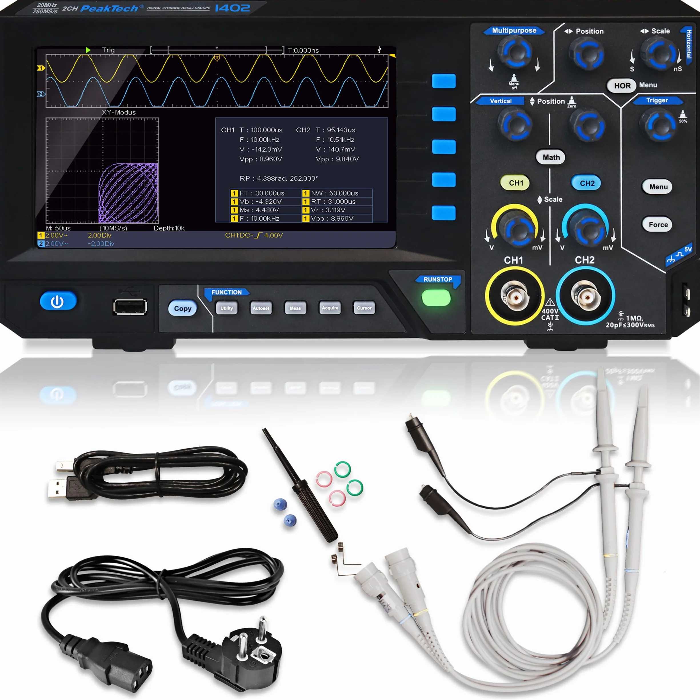 PeakTech 1402 - Oscilloscopio digitale a 2 canali [3 anni di garanzia] 20 MHz, 250 MS/s, interfaccia USB, software PC, Oscilloscopio P 1402, nero, oscilloscopio USB, oscilloscopio multimetro