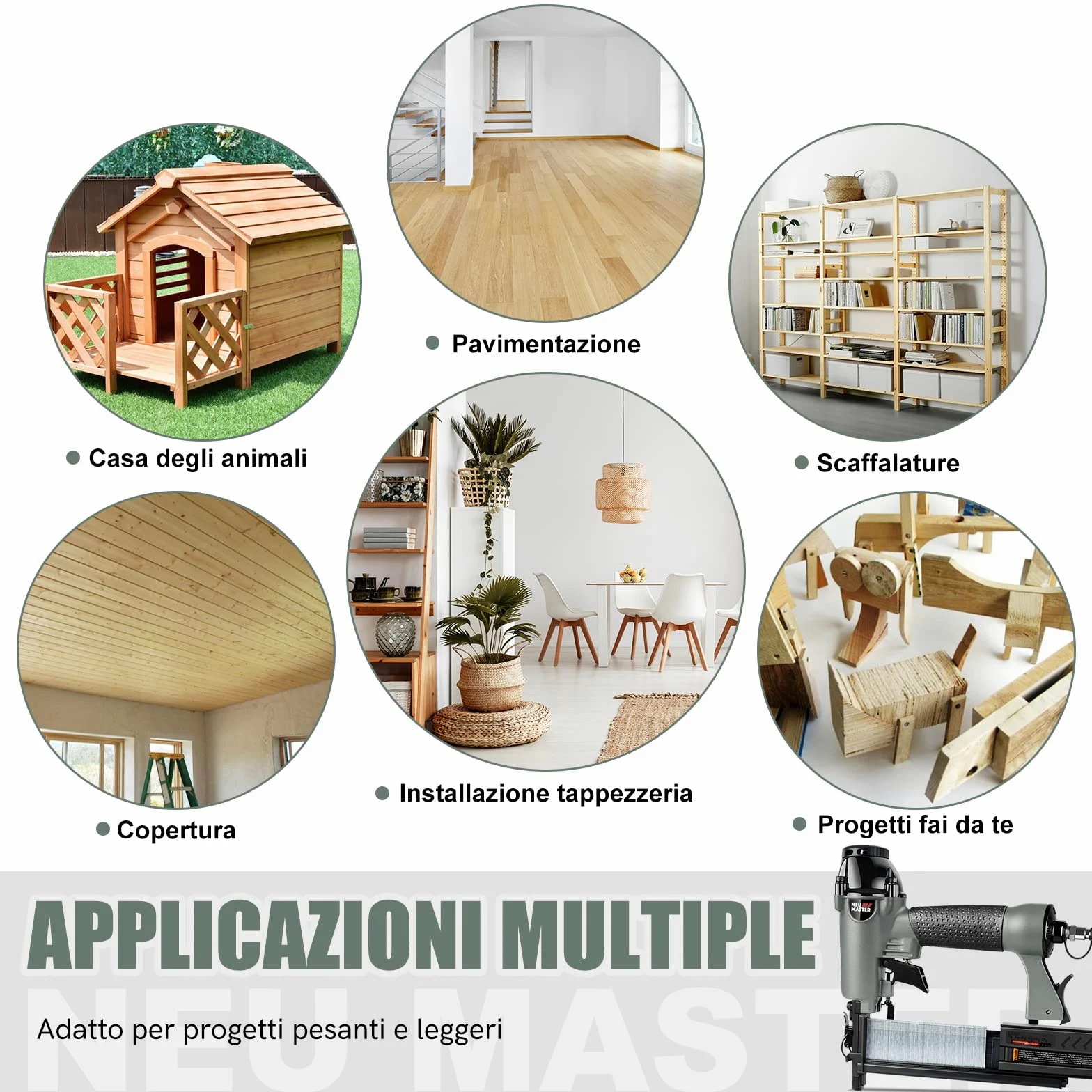 NEU MASTER Chiodatrice Pneumatica - 2 in 1 Sparachiodi Aria Pneumatica con 800 Chiodi e 200 Graffette,Graffettatrice Pneumatica con Occhiali di Protezione e Custodia in Plastica Portatile