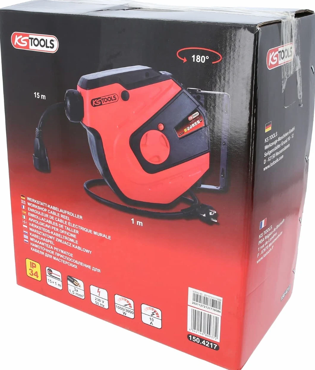 KS Tools 150.4217 Avvolgicavo per officine, 15m, 1,5mm²