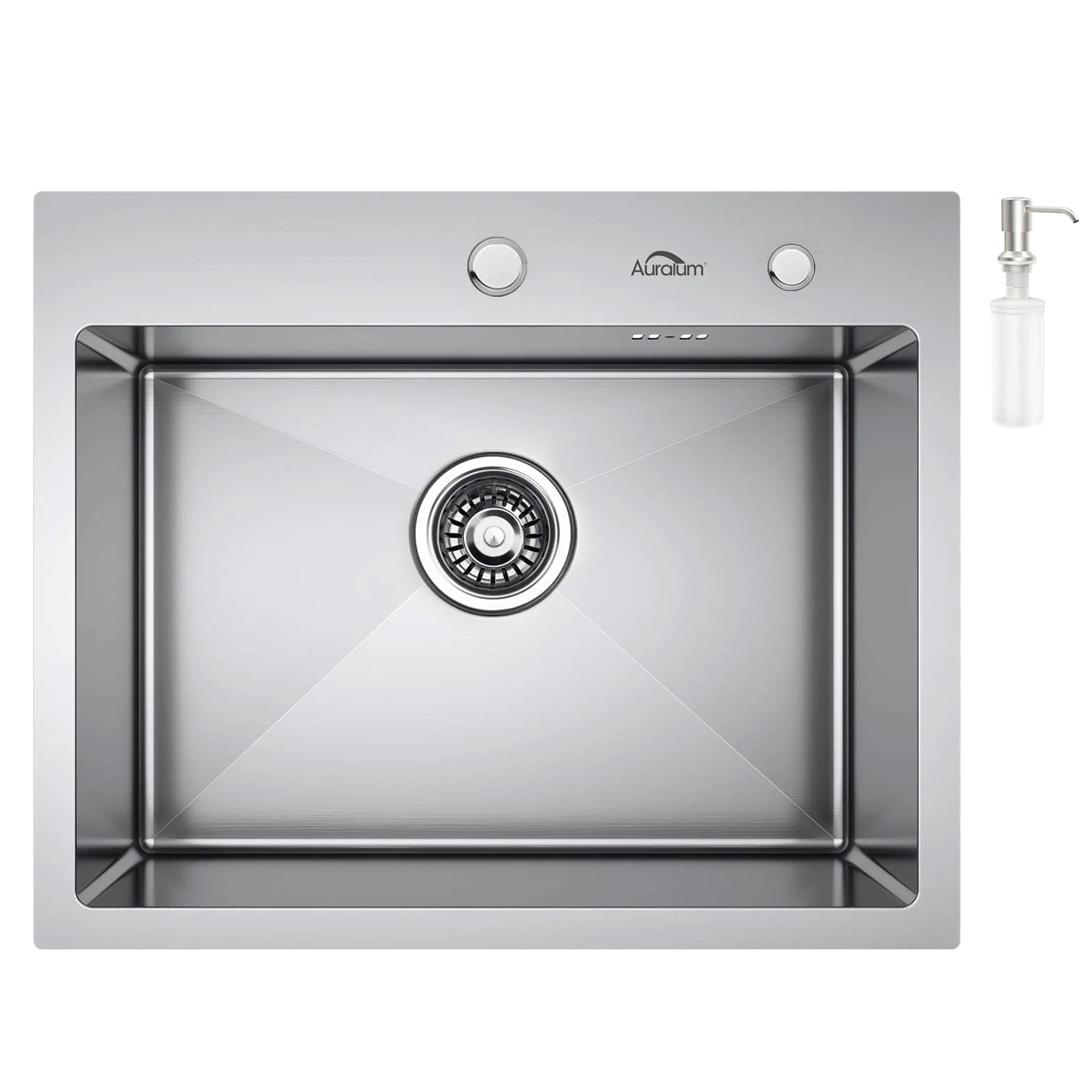 Auralum Lavello da cucina 55 x 45 cm, lavello in acciaio inox con erogatore di sapone e sifone, lavello cucina 1 vassoio con foro per rubinetto, lavello cucina vasca singola in acciaio inossidabile