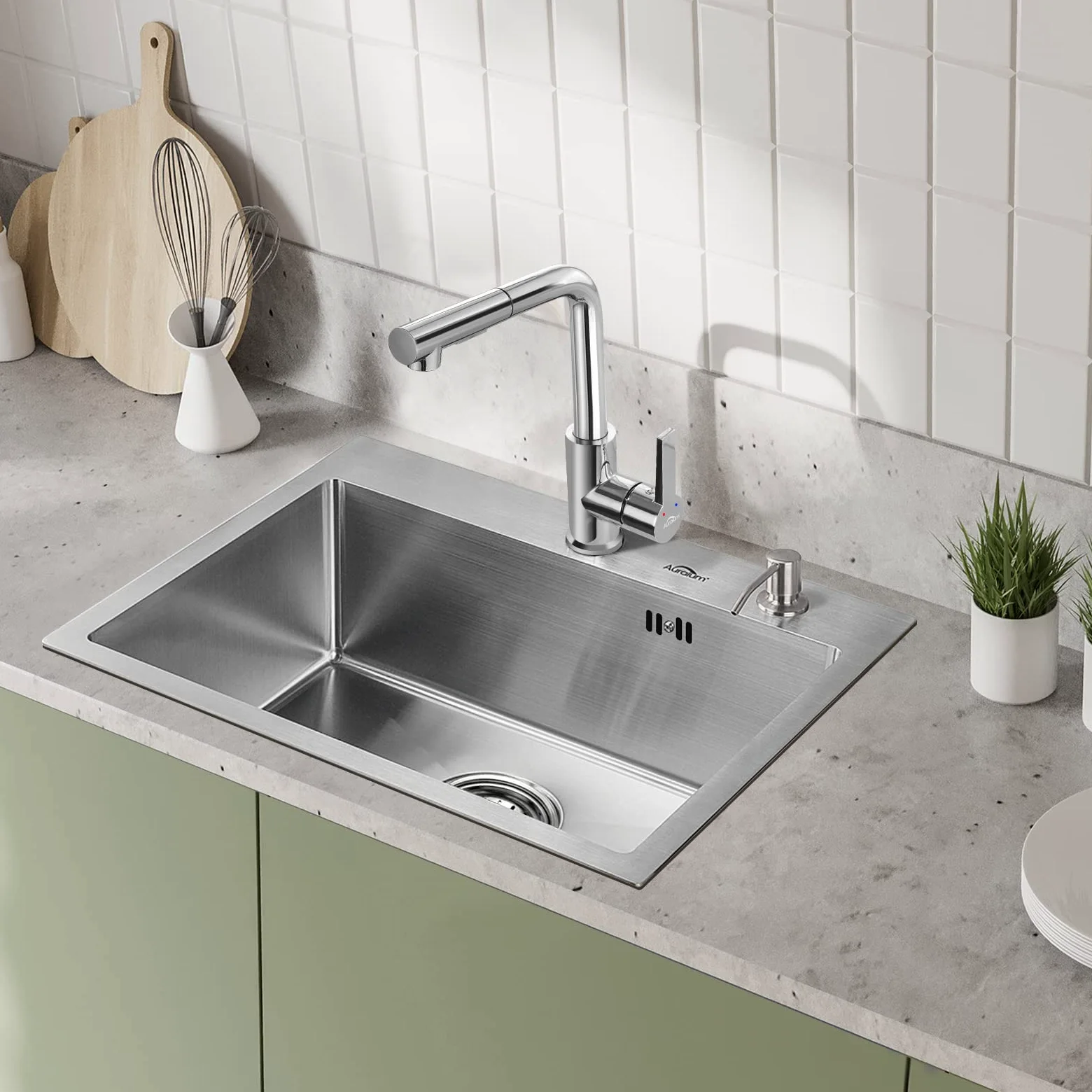 Auralum Lavello da cucina 55 x 45 cm, lavello in acciaio inox con erogatore di sapone e sifone, lavello cucina 1 vassoio con foro per rubinetto, lavello cucina vasca singola in acciaio inossidabile