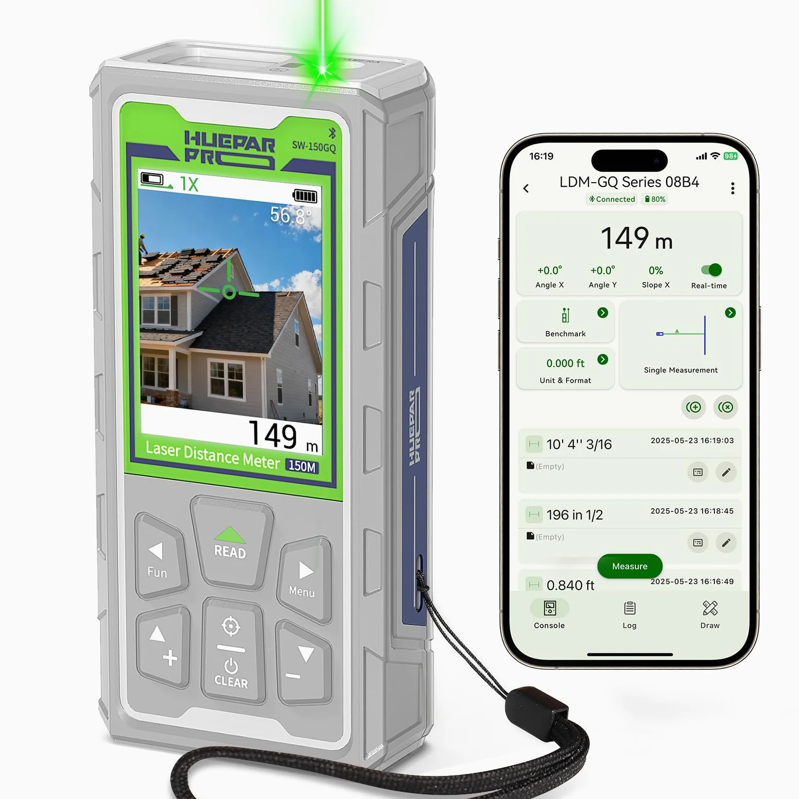 Huepar Pro Metro Laser Professionale Outdoor 150m con Fotocamera e Bluetooth, Tecnologia P2P, App Gratuita, IP68, Cavo Micro USB, Cinturino da Polso e Custodia - SW-150GQ