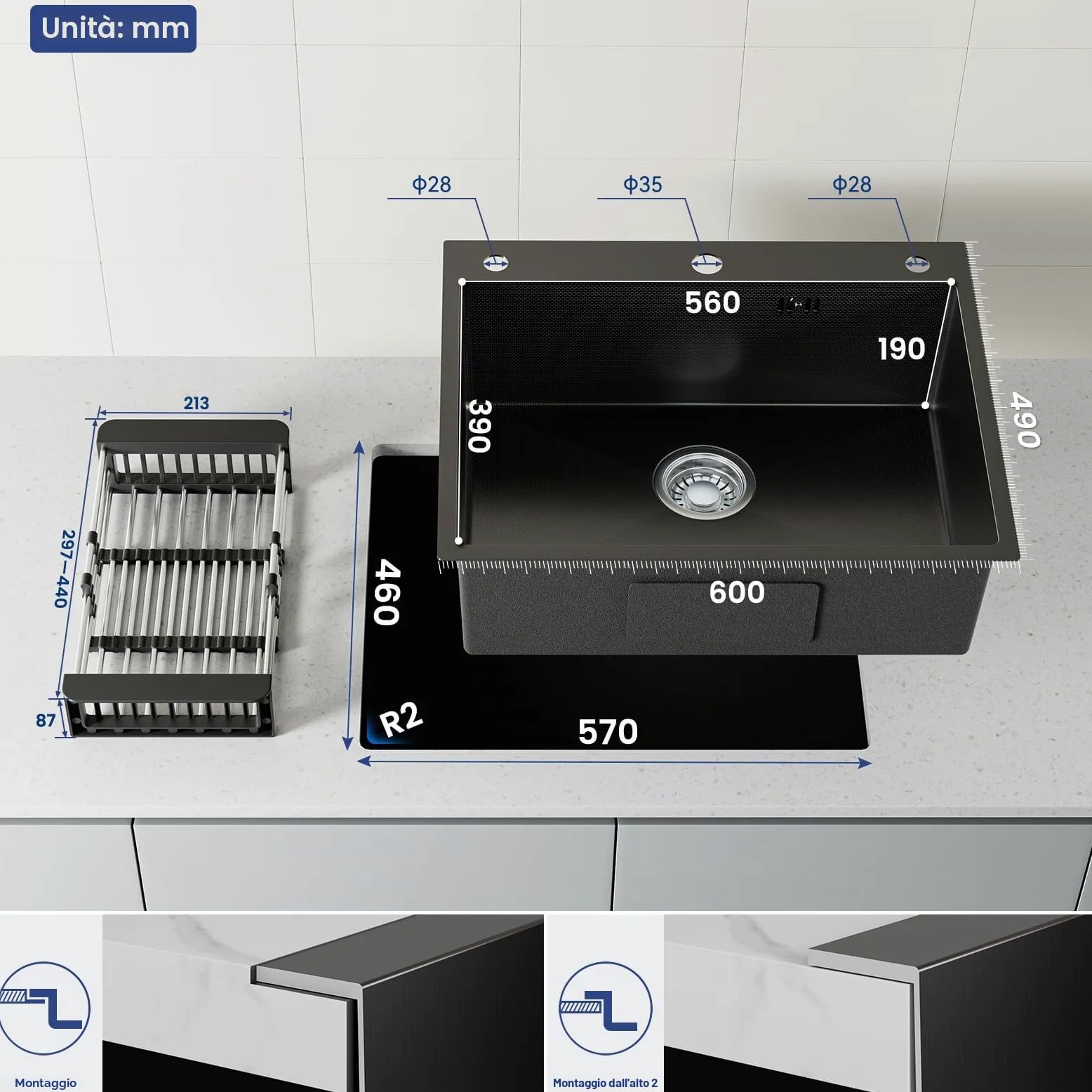 CECIPA 60x49 cm Lavello Nero 1 Vasca in Acciaio Inox, Lavandino Cucina 1 Vasca con Dispenser Sapone e Cestello, Lavello Cucina per Mobile da 60cm, da Incasso o Banco, con Sifone e Scarico