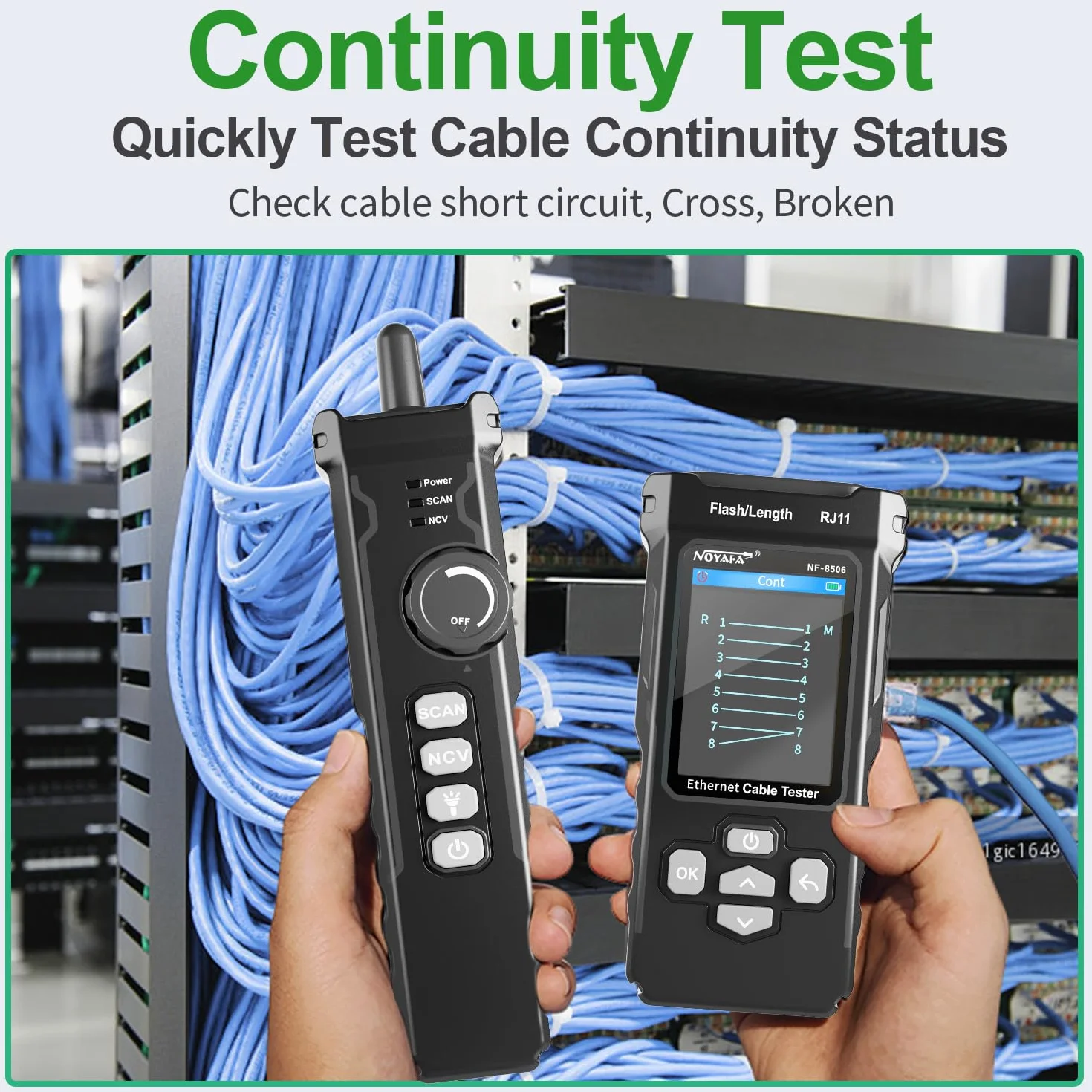NOYAFA Tester di rete con scansione IP, test PING e switch rate, mappatura dei cavi di rete TDR, tester per cavi Ethernet RJ11 RJ45 per test PoE Cat5/Cat6, NF-8506