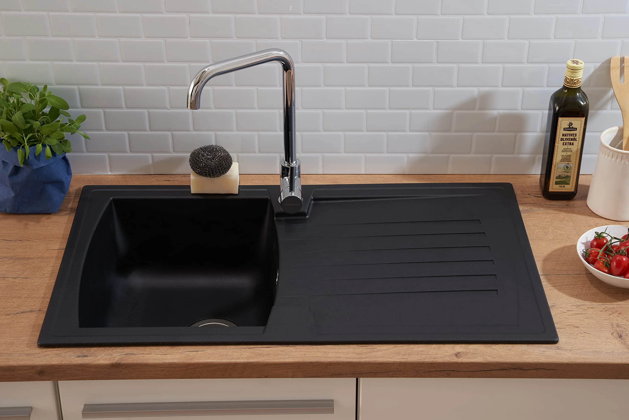 Respekta Lavello da Cucina in Mineralite Color Nero, Lavello da Incasso con 1 vasca, dimensioni 86 x 50 cm, Lavello Adatto per Mobili Sottolavello da 45 cm di Larghezza