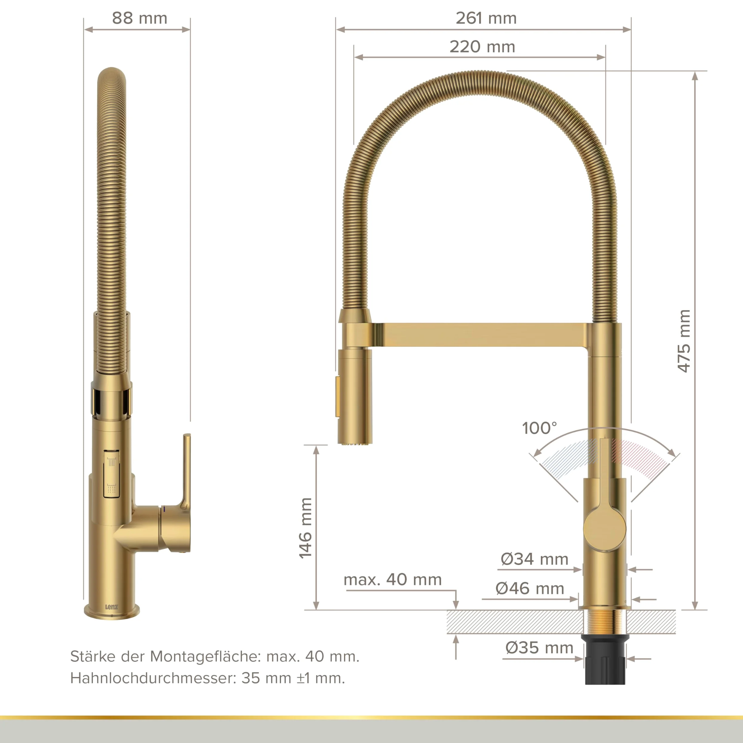 Lenz Rubinetto da cucina ALUNA in oro – doccetta flessibile con 2 tipi di getto, superficie anti-impronte – cartuccia in ceramica di alta qualità e ugello di marca – 46070541