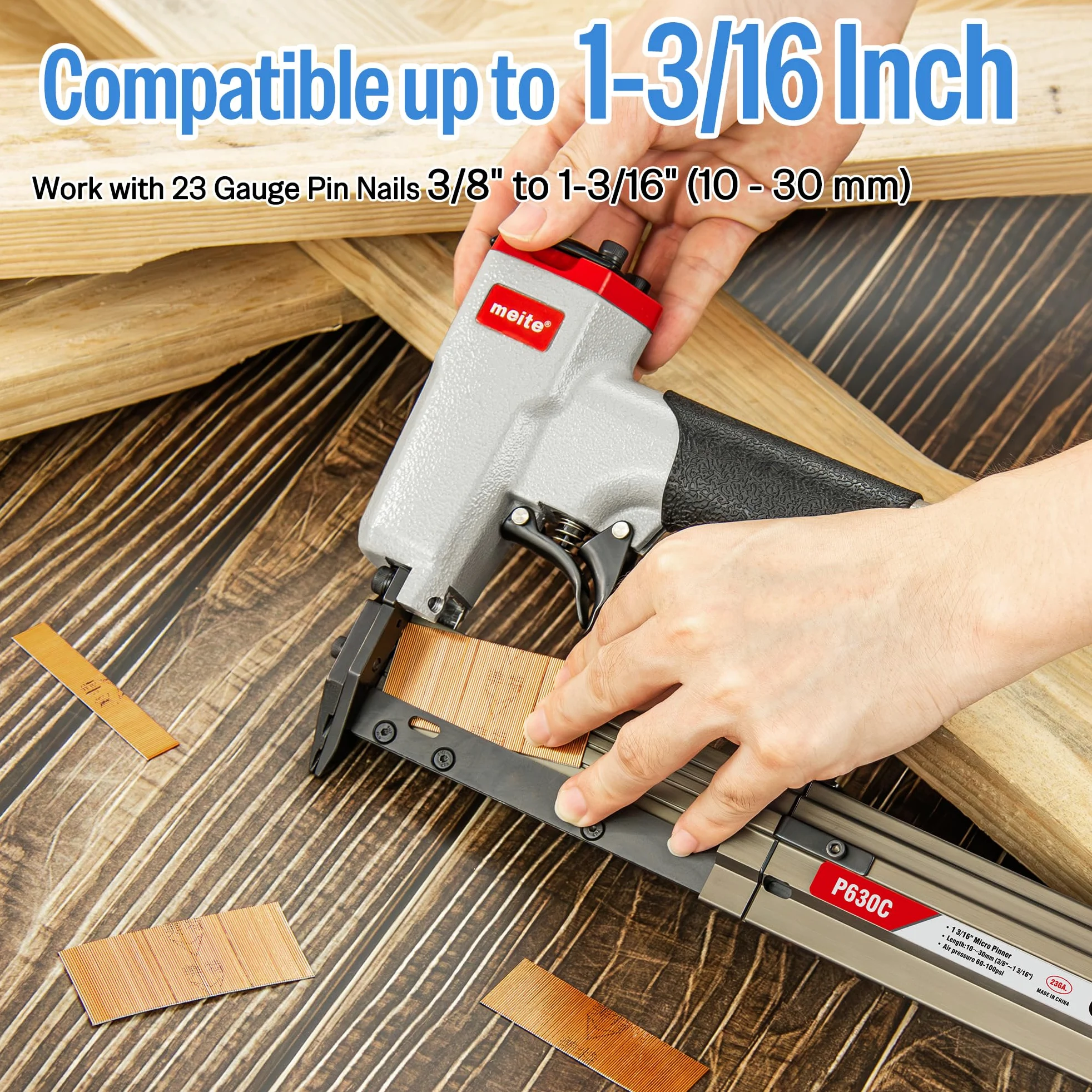 meite Chiodatrice a perno calibro 23 con 6000 chiodi (3/8", 1/2", 5/8", 3/4", 2,5 cm), pistola pneumatica chiodatrice per pin, accetta chiodi da 3/8" a 1-3/16", ideale per armadi, artigianato