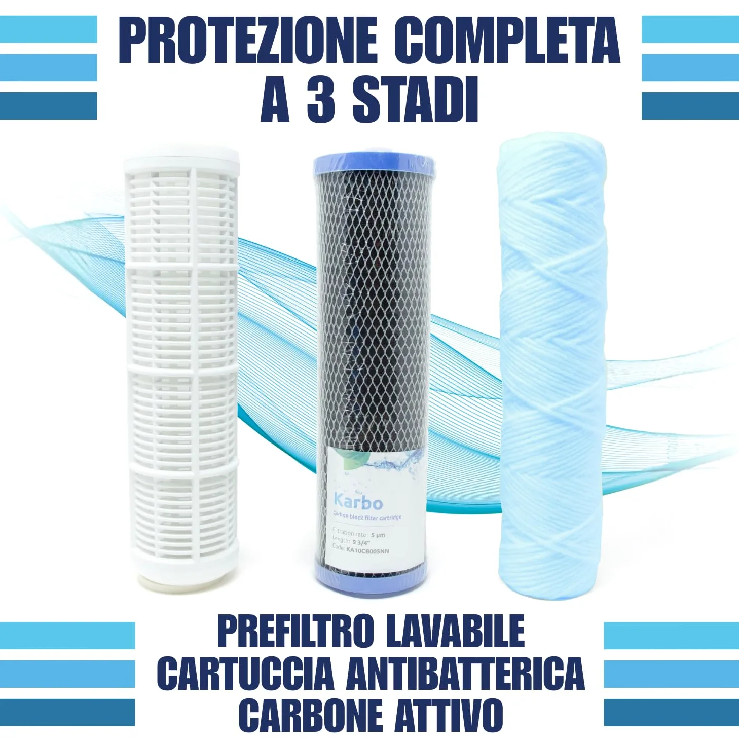 AQUASKUDO Filtro Acqua Rubinetto tre Stadi 3/4, Kit Filtro Acqua Sotto Lavello Made in Italy - Depuratore Acqua Domestico, Contenitore Filtri Anticalcare e Carboni Attivi