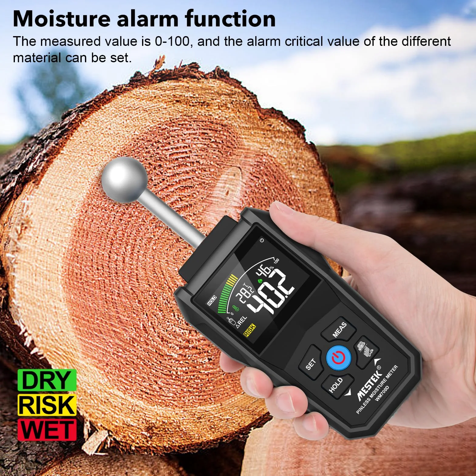 Misuratore di Umidità, MESTEK Igrometro,2 in 1 Misuratore Umidità Muri con LCD a Colori e Allarme Acustico, Profondità di Analisi 20-40 mm,per Legni, Parete, Pavimenti, Legno, Gesso