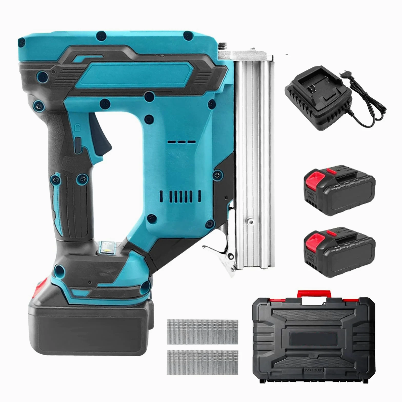 Upgrade Pistola sparachiodi senza fili 900W compatibile con batteria Makita 21V, set di utensili con 2 batterie da 21V e caricabatteria, doppia protezione