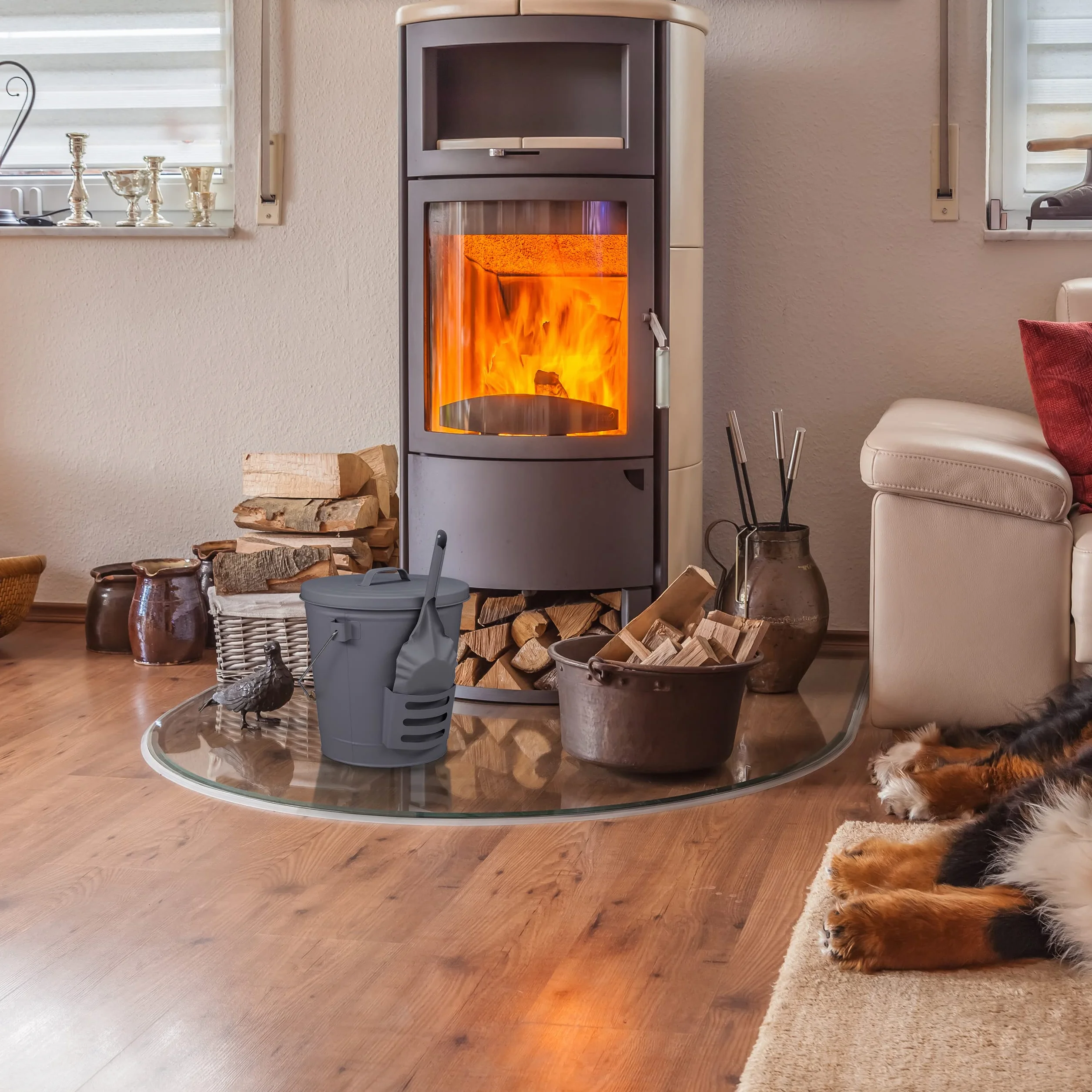 Relaxdays Secchio Portacenere per Camino 19 L, Contenitore per Cenere, Carbonella con Manico Coperchio e Paletta, Grigio