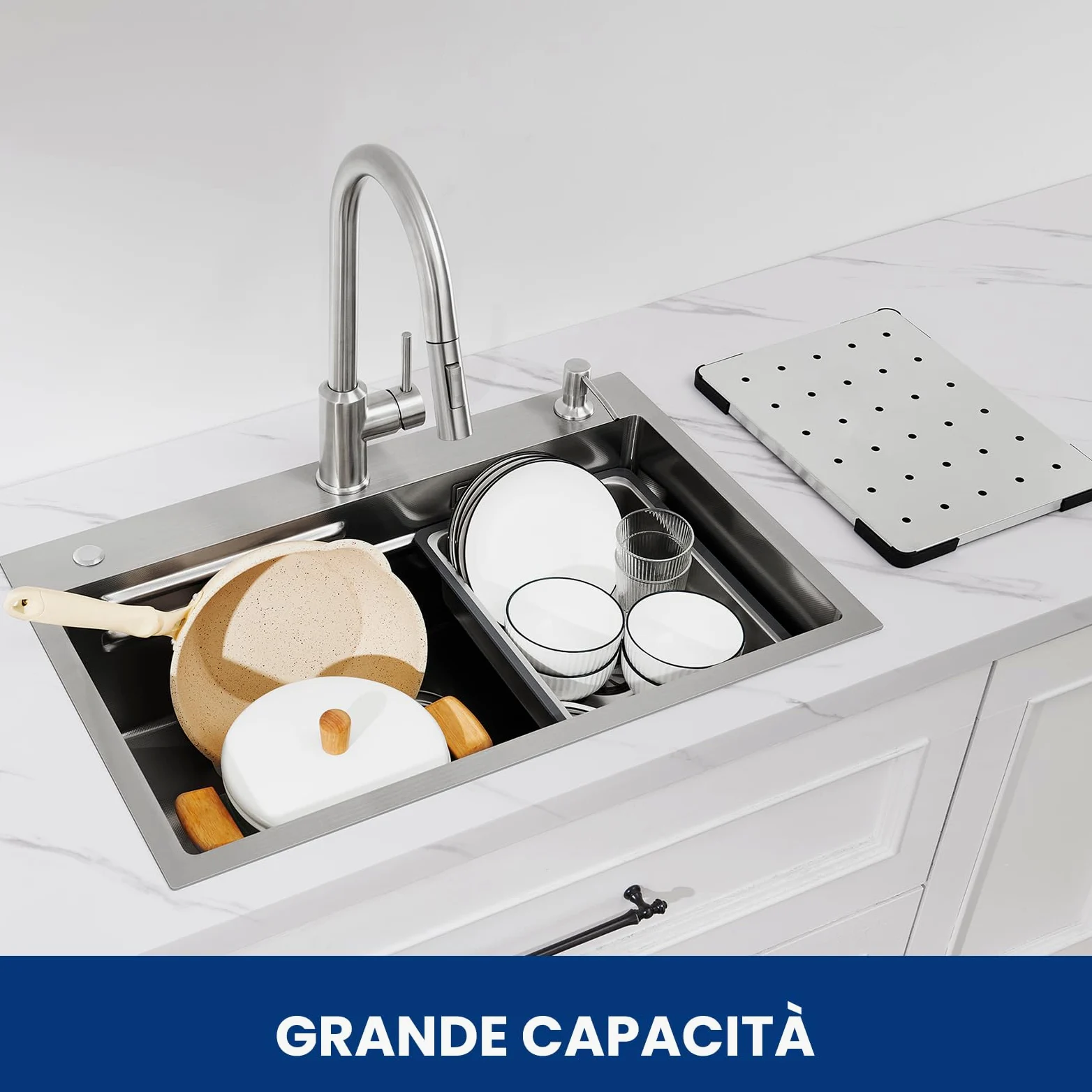 CECIPA Lavandino Cucina 70x45 CM, Lavello Cucina 1 Vasca con Dispenser Sapone, Lavabo Cucina con Vasca Mobile e Tagliere, Lavello in Acciaio Inox 201 con Sifone e Set di Drenaggio