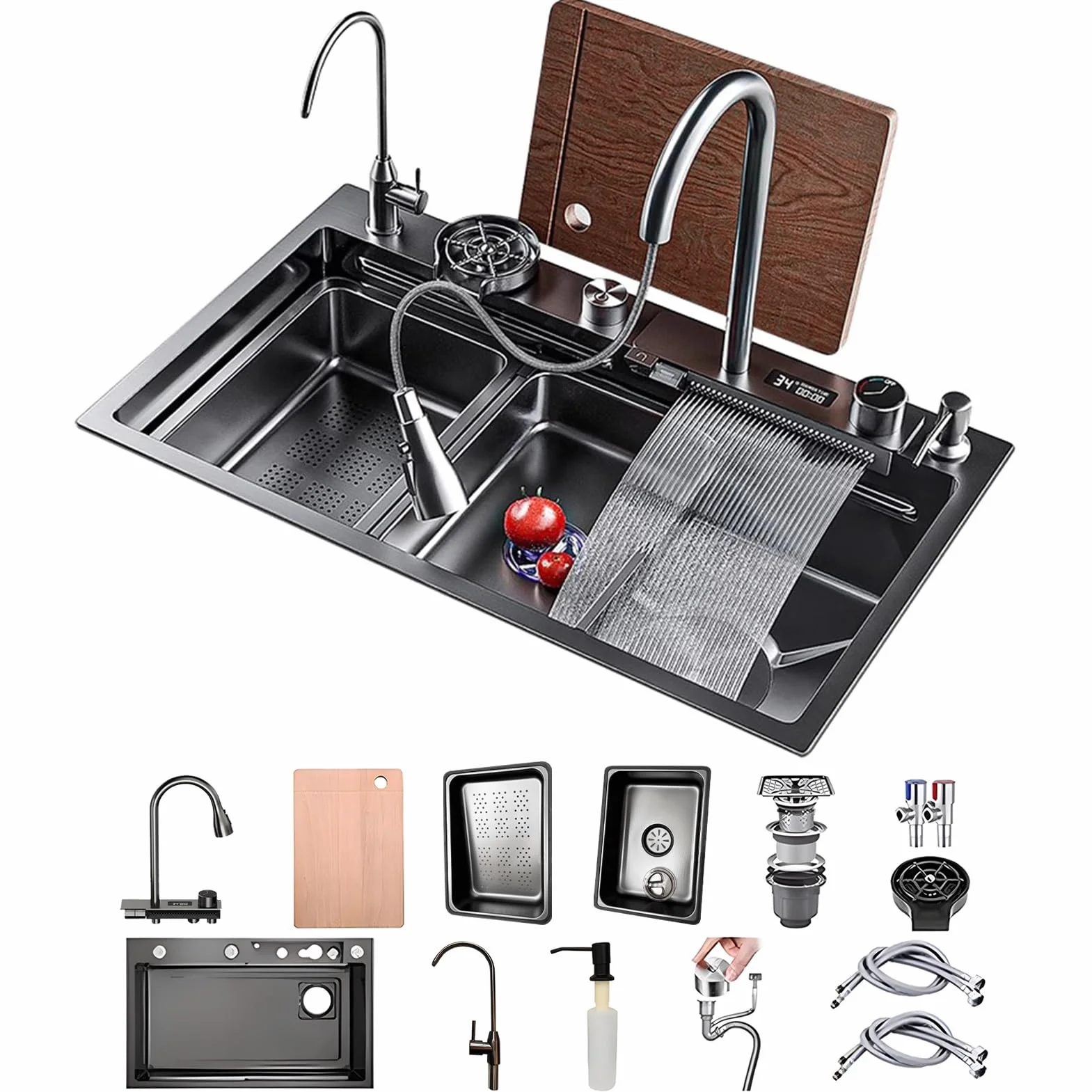 50 Cm Di Larghezza Nero Grande Cascata Lavello Cucina Acciaio Inox Set, Lavello Multifunzione1 Vasca Con Cascataterraneo Rubinetto, Lavandino Esterno Con Gocciolatoio E Vari Accessor(Black-Grey A,80x5