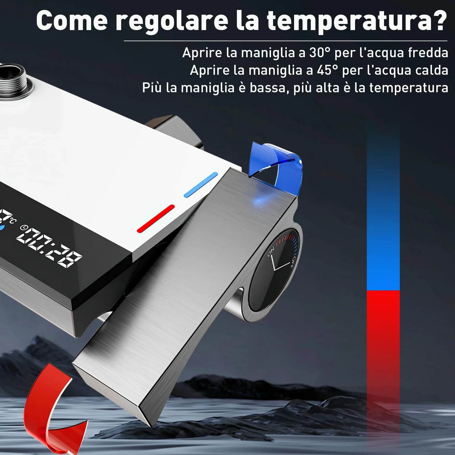 Sistema Doccia con Termostat con display digitale a LED, soffione doccia XL a pioggia, doccetta, getto ausiliario e rubinetto a cascata – Acciaio inossidabile – Colonna Doccia Regolabile