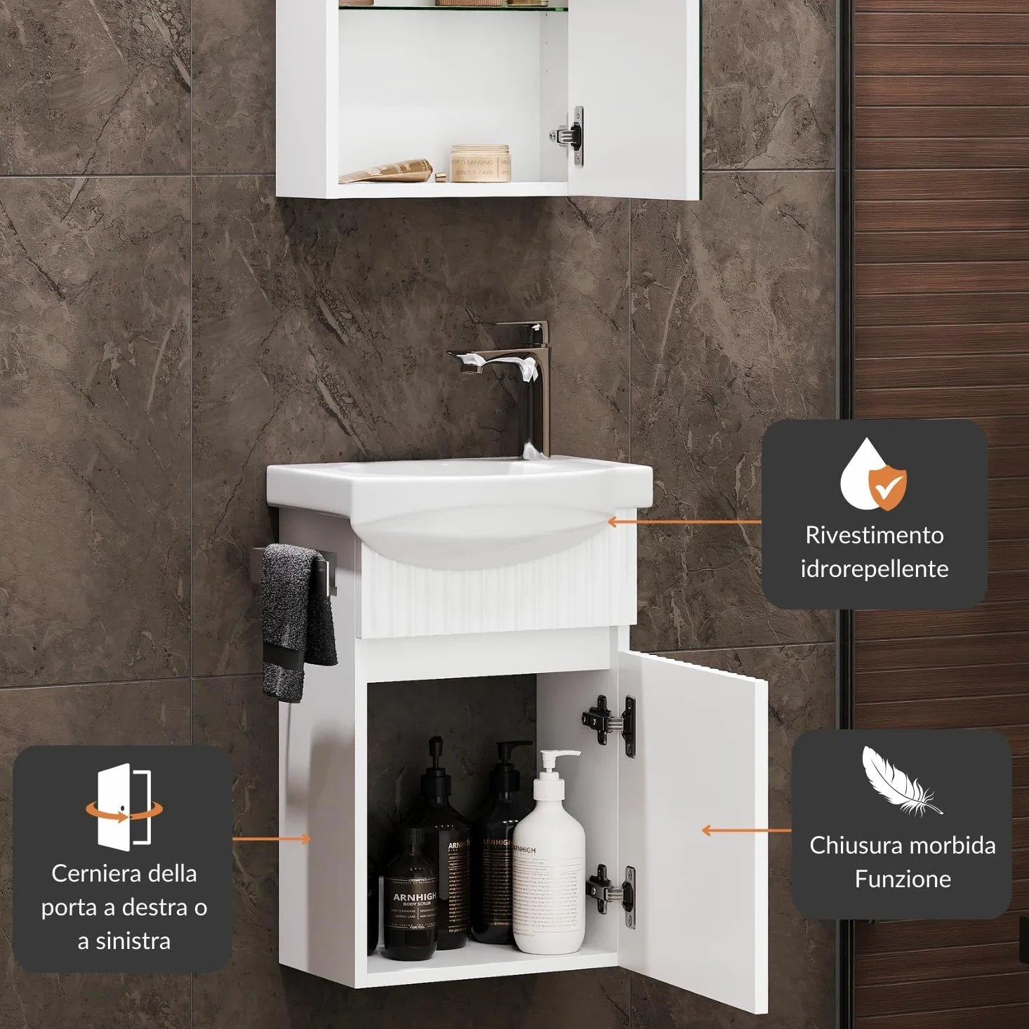 Planetmöbel Lavabo con mobiletto, 40 cm, con lavabo in ceramica e armadietto a specchio, set di mobili da bagno, bianco opaco