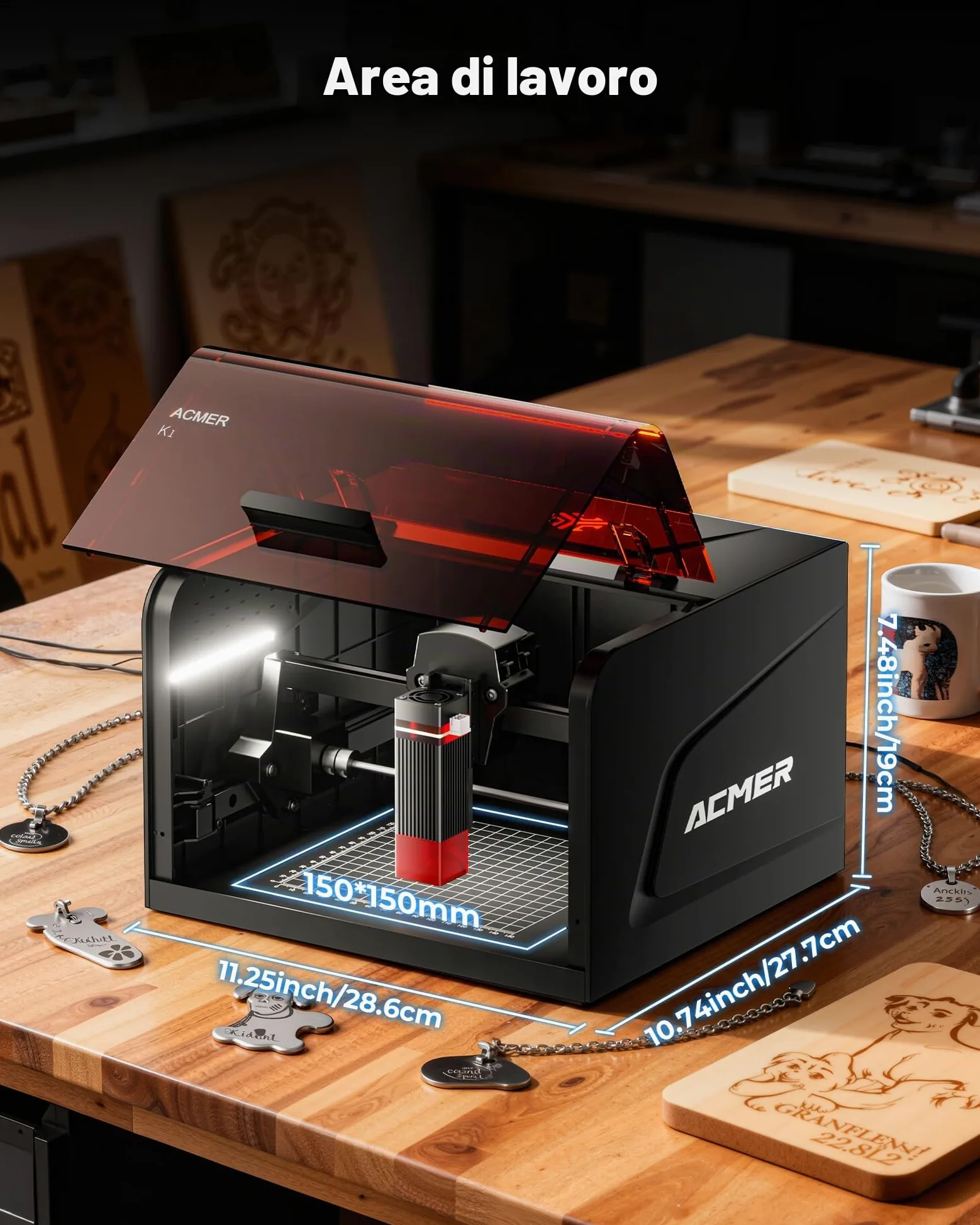 ACMER K1 Macchina per incidere laser 7000 mW, Classe 1, piccolo incisore laser chiuso di sicurezza, superficie di incisione 150 x 150 mm, precisione 0,01 mm, taglio laser ad alta precisione per legno