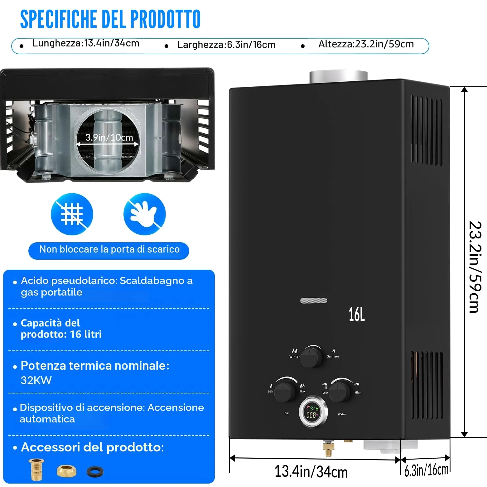Scaldabagno a Gas 16L, All'aperto Portatile Scaldabagno Istantaneo a Propano con Display Digitale Multi-Protezione, Parete senza Serbatoio Scaldacqua Istantaneo Automatico, classe energetica A+