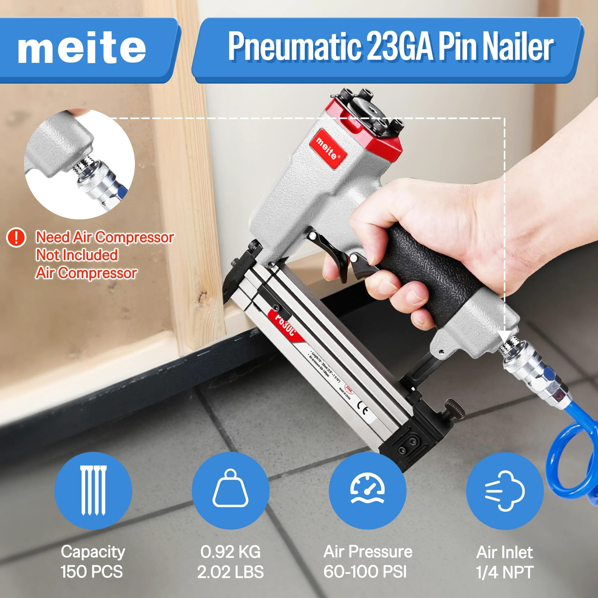 meite Chiodatrice a perno calibro 23 con 6000 chiodi (3/8", 1/2", 5/8", 3/4", 2,5 cm), pistola pneumatica chiodatrice per pin, accetta chiodi da 3/8" a 1-3/16", ideale per armadi, artigianato