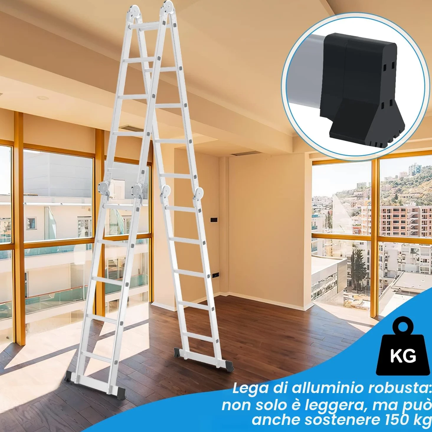 4 x 5 Scala multiuso pieghevole da 582 cm, 7 in 1 Scala Multifunzionale Alluminio con 2 piattaforma + Doppia puleggia, fino a 150 kg