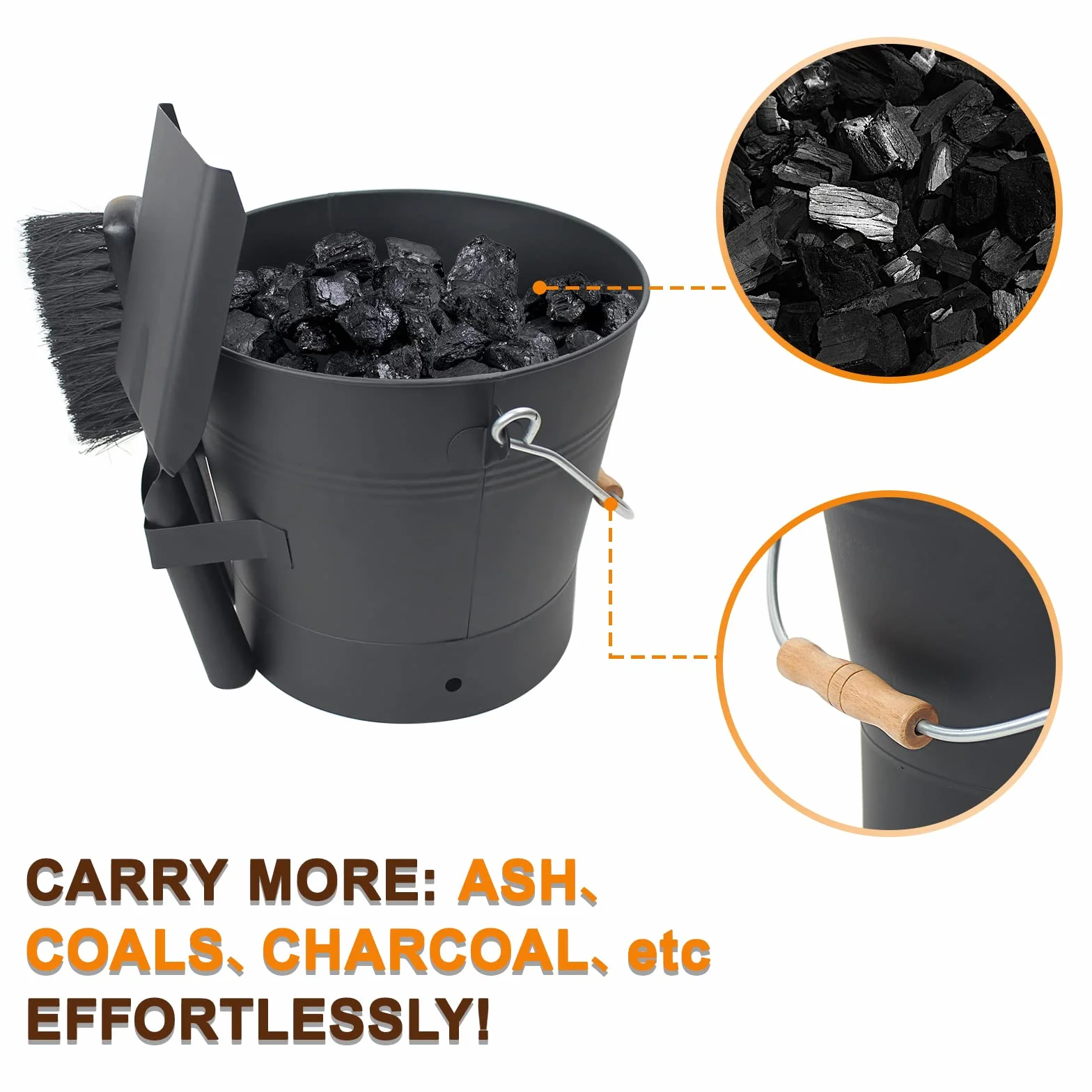 BRIAN & DANY Secchio per Cenere Camino con Coperchio, 10L Porta Pellet con Paletta e Scopino, Attrezzi per Caminetto per Caminetto, Braciere e Stufa a Legna