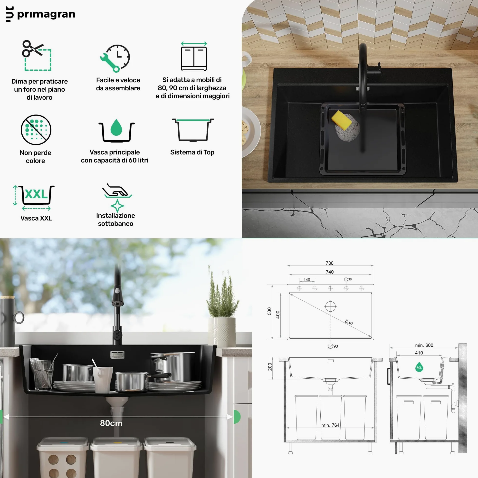 PRIMAGRAN Lavello da Cucina Nero 78x50cm, Lavandino in Granito a 1 vasca + Set di accessori, Lavabo da Cucina Incasso al Mobile 80cm - Oslo Top S557