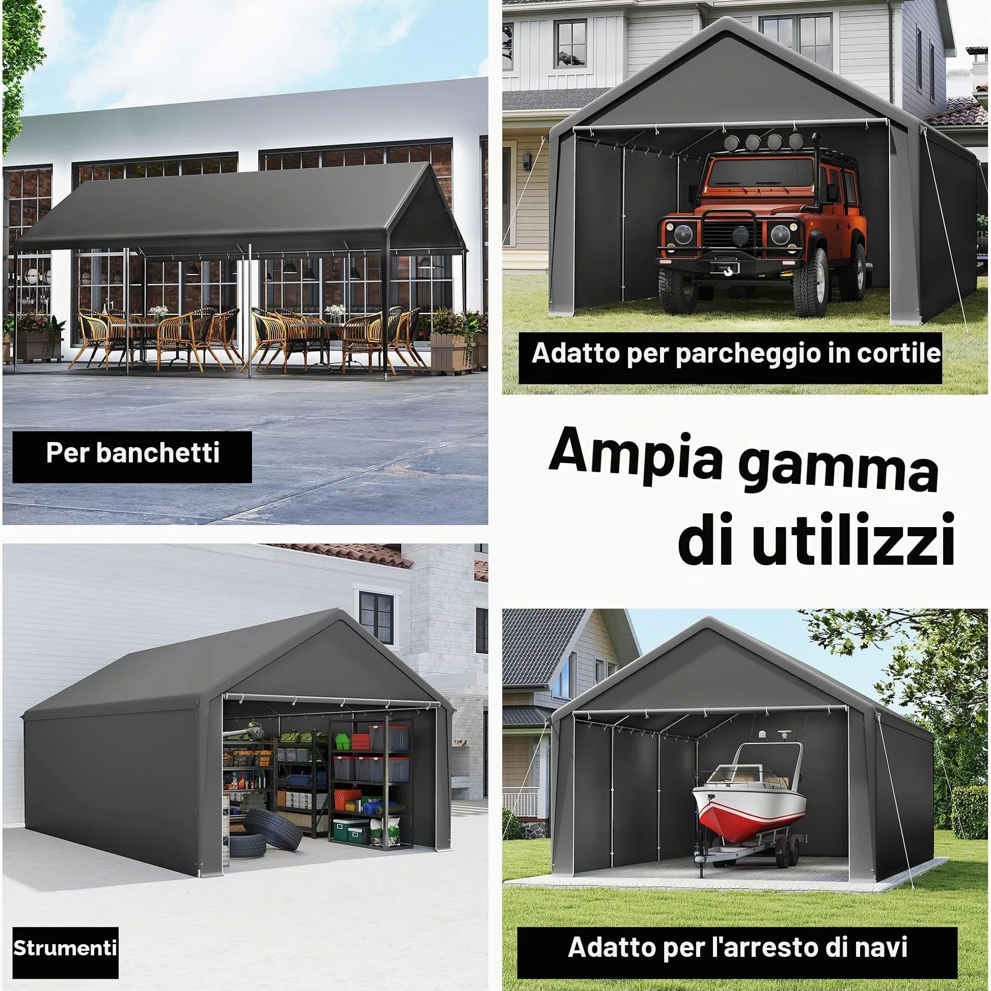 UISEBRT Tenda da magazzino, 4 x 6 m, impermeabile, con robusto telone in PE e telaio in acciaio, ideale come garage per attrezzi, attrezzi da giardino, pallet (grigio)