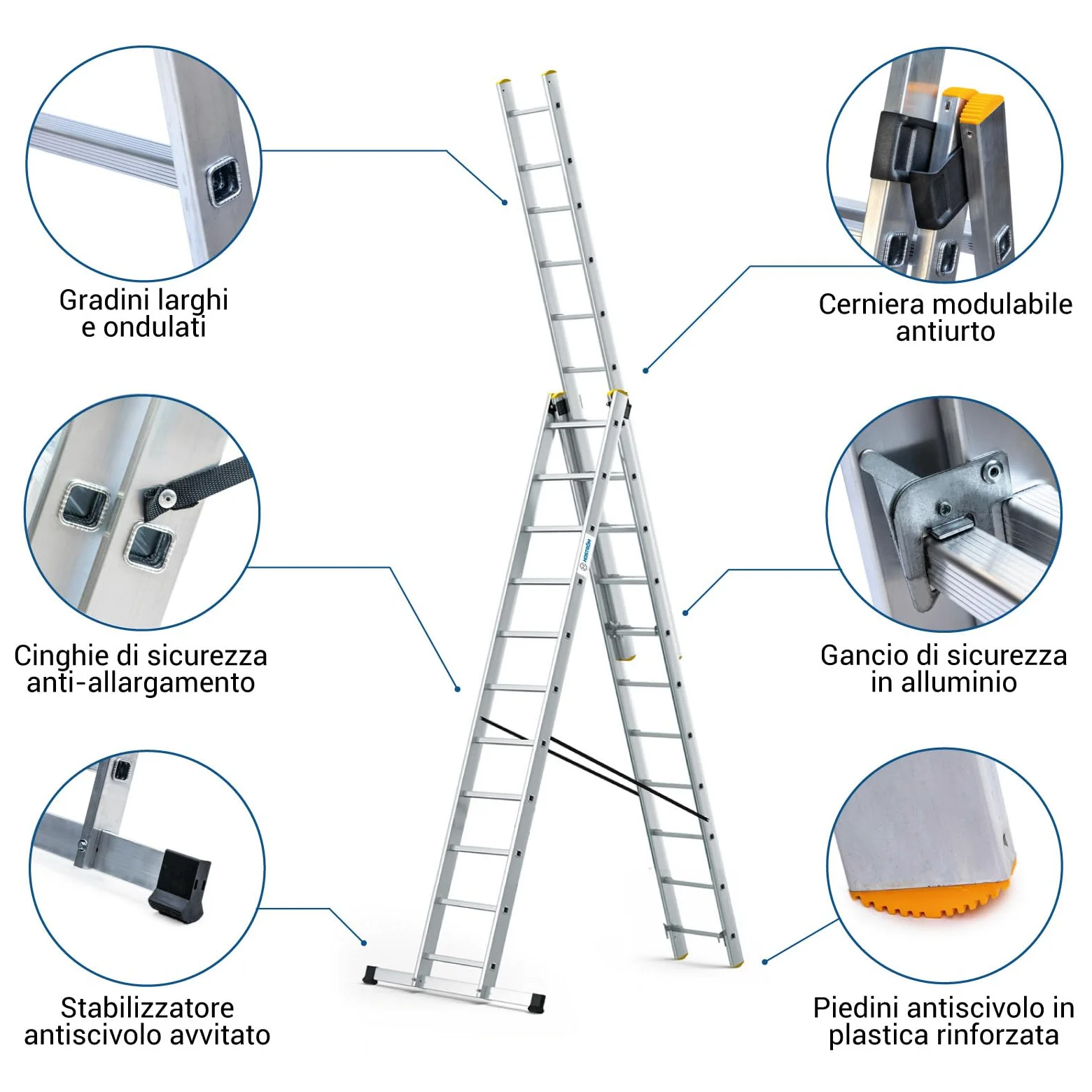 Scala a sfilo a 3 rampe StablePro, gradini 3x11 in alluminio, allungabile, 6 posizioni, altezza massima di lavoro 6,31 m, 5 anni di garanzia, Hostrom