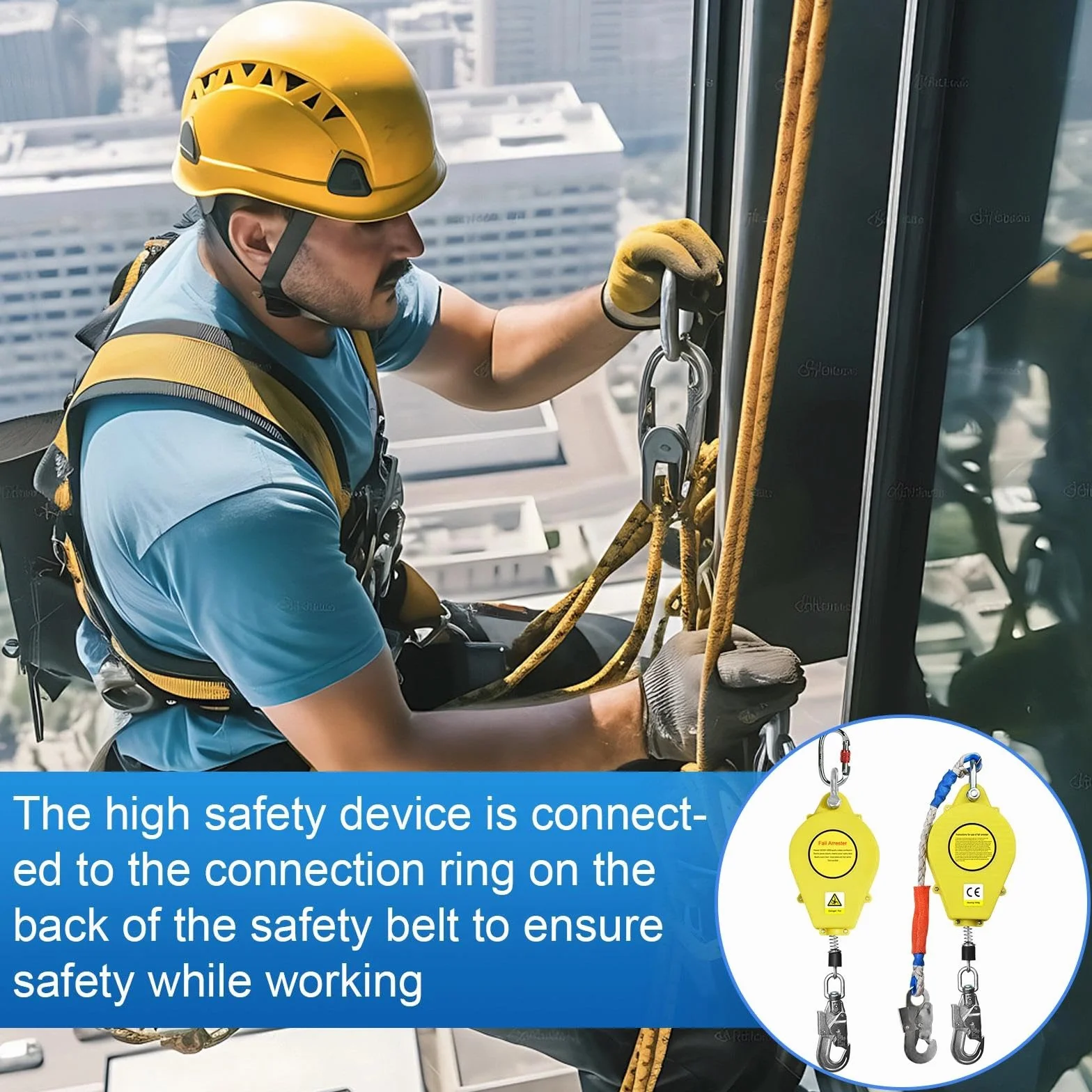 Dispositivo Anticaduta Retrattile Certificato CE, Dispositivo di Sicurezza Anticaduta con Gancio Girevole a 360°, Anticaduta a Richiamo Automatico per Lavori ad Alta Quota, 150kg(Giallo,20m)