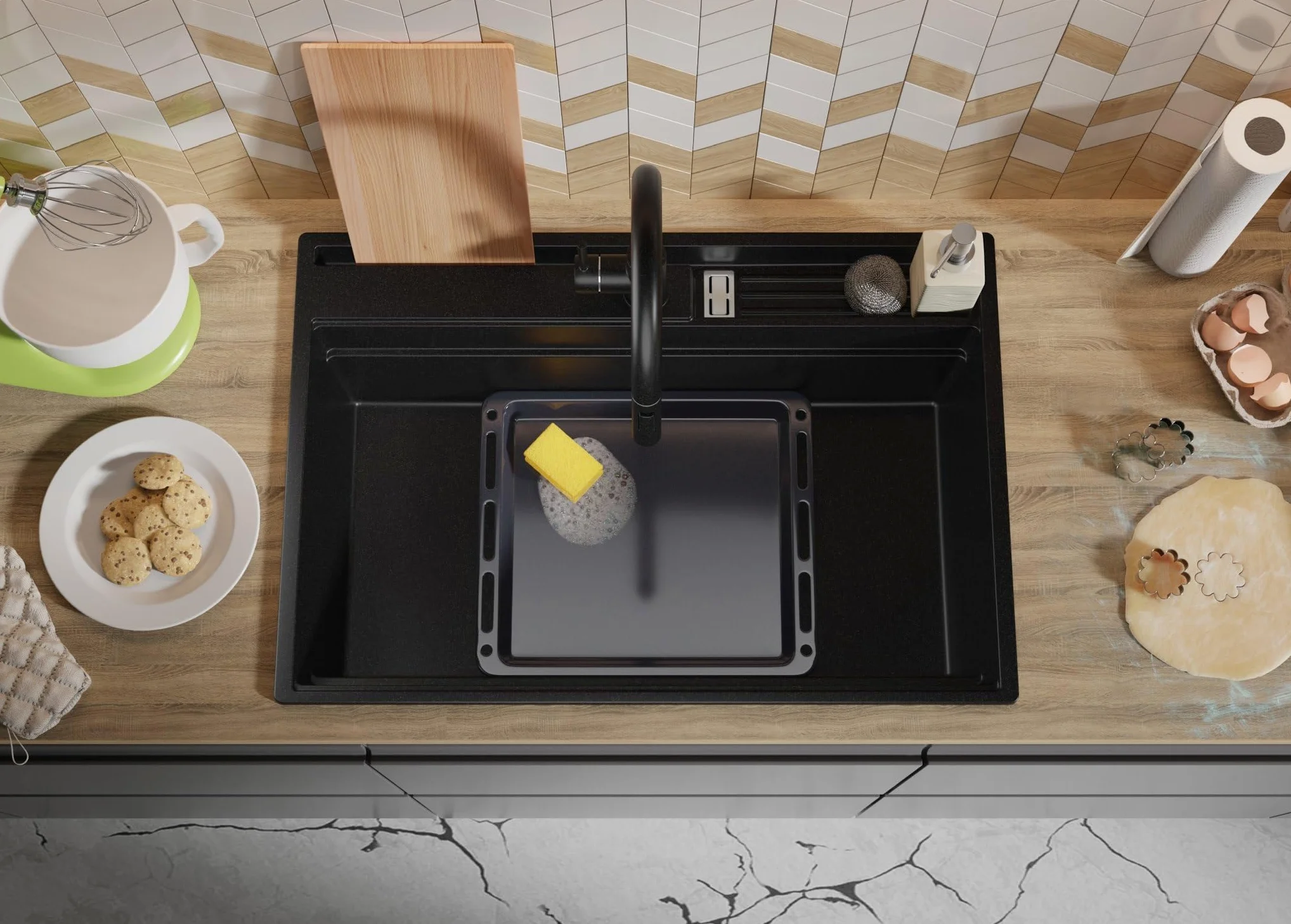PRIMAGRAN Lavello da Cucina Nero 78x53cm, Lavandino in Granito a 1 vasca + Sifone Classico, Lavabo da Cucina Incasso al Mobile 80cm - Oslo Pocket S335