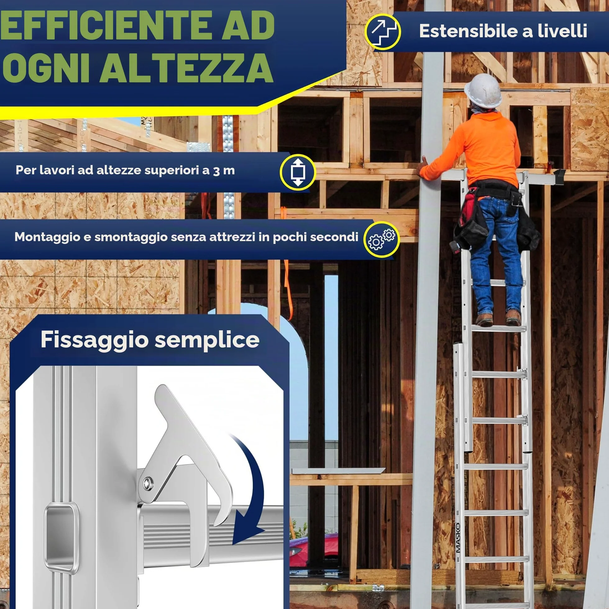Masko® Ponteggi Telaio in alluminio Struttura Scala da ponteggio, Piattaforma lavoro | Caricabile fino a 150 KG | Rivestimento antiscivolo | | Testato GS (EN 131)