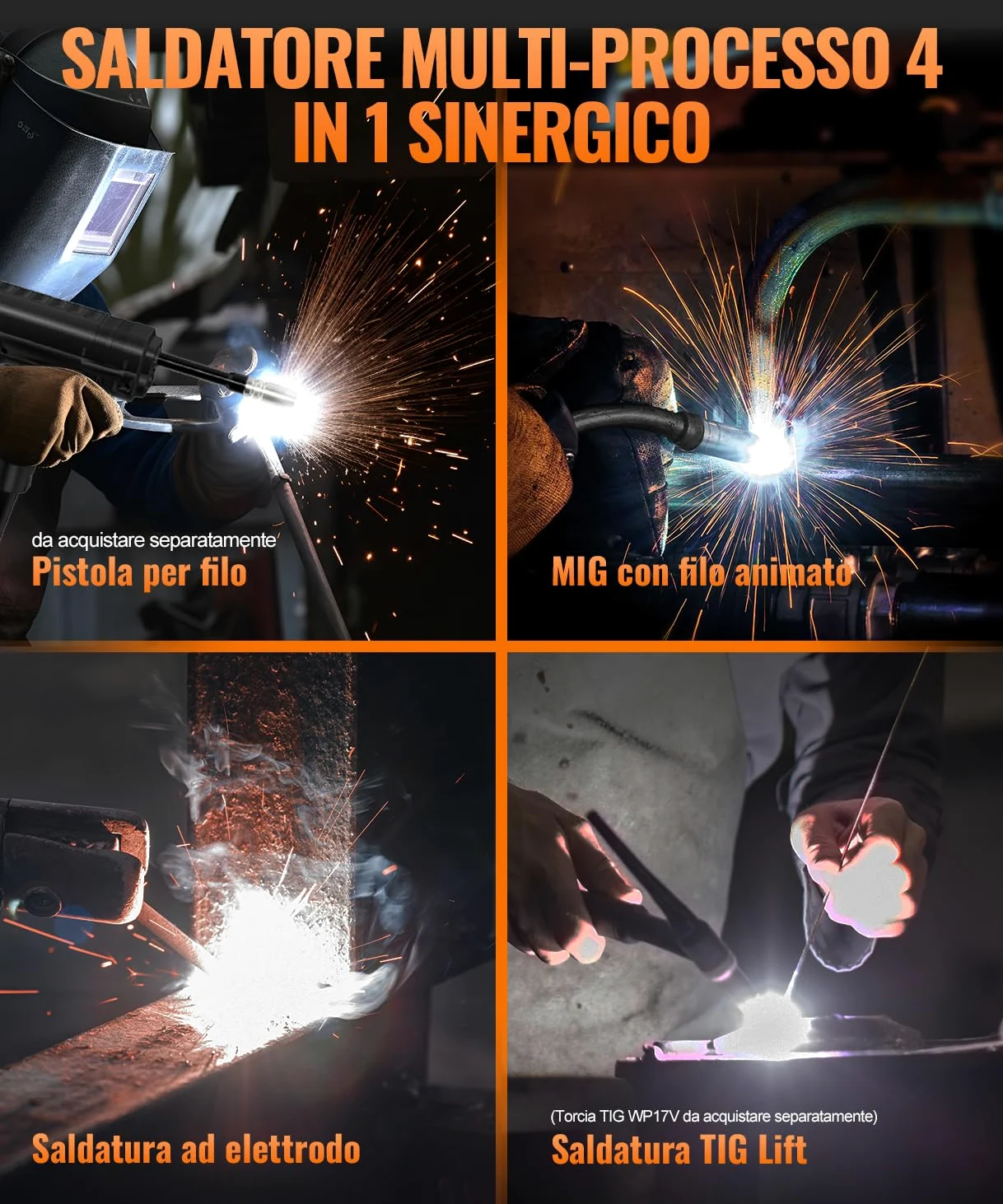 HITBOX Saldatrice a Filo 200A 4-in-1 Portatile - 230V MIG Senza Gas, ARC, LIFT TIG, Spool Gun, LED Display Digitale, Ideale per Principianti e Hobby(HIM200)