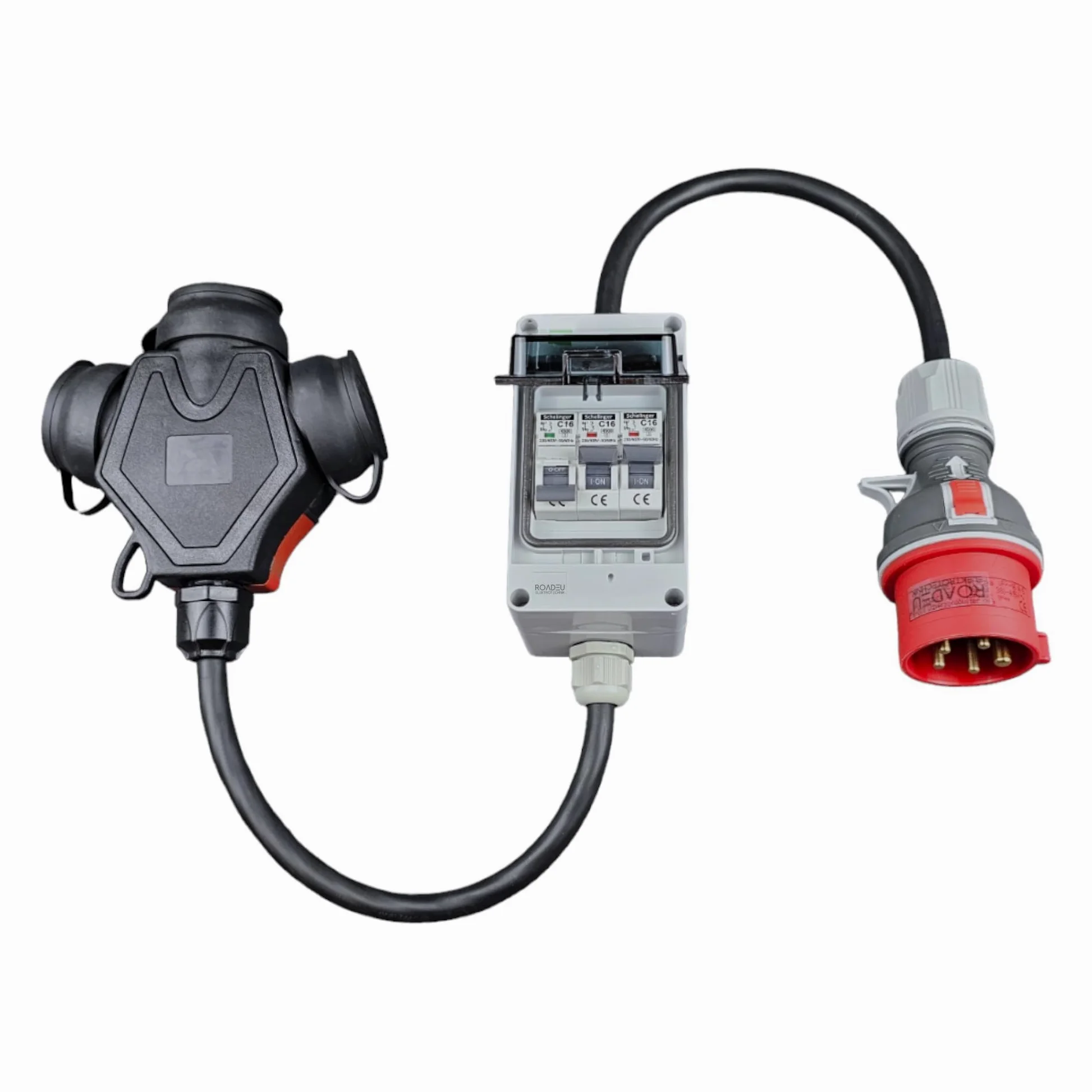 RoadEu - Adattatore ad Alta Corrente con Interruttori. Spina 16A, presa 3x 220V. Scatola fusibili con Interruttore automatico C16A. Prolunga 1m, Ideale per il garage il capanno o il giardino