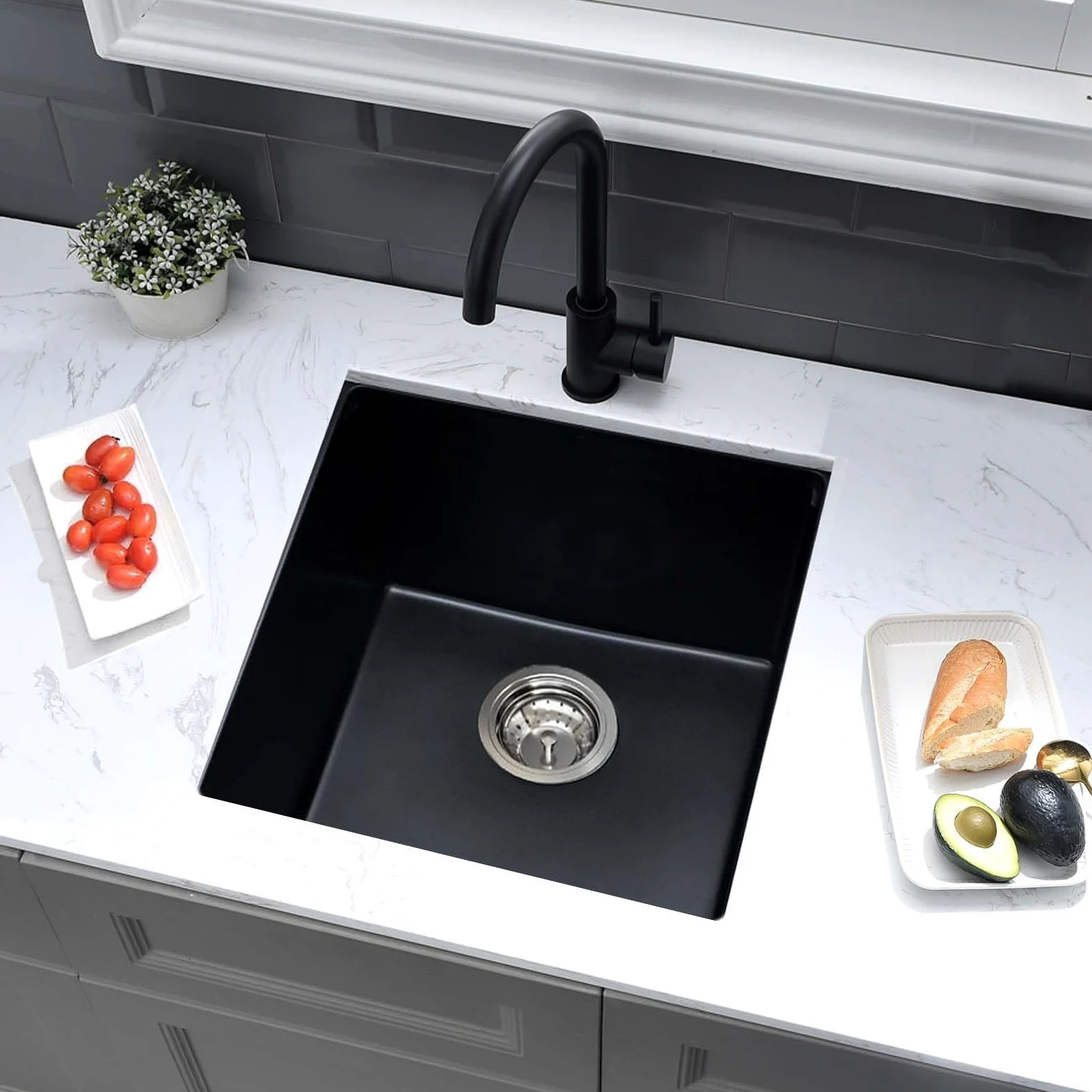 Lavello da Cucina 45 x 45 cm, Lavandino Cucina in Granito, iAnomla Nero Vasca Singola da incasso adatto per mobili sottolavello da 45 cm di larghezza, Lavabo Cucina Nero con Sifone, Moderno