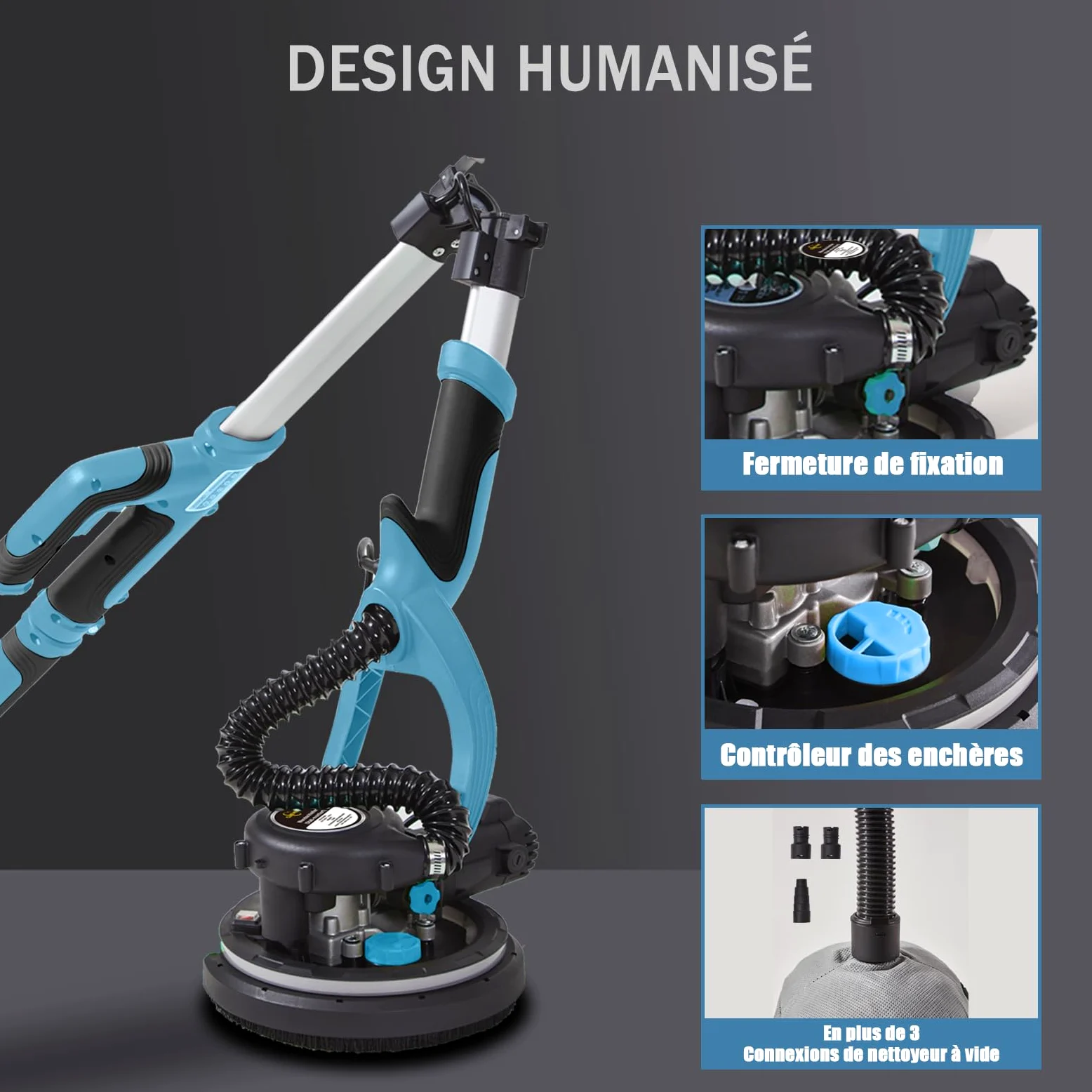 Levigatrice Giraffa 750 W professionale con sistema di vuoto automatico e luce LED, Levigatrice da parete e soffitto telescopico, diametro 215 mm, 7 velocità 900-1800 giri/min (blu)