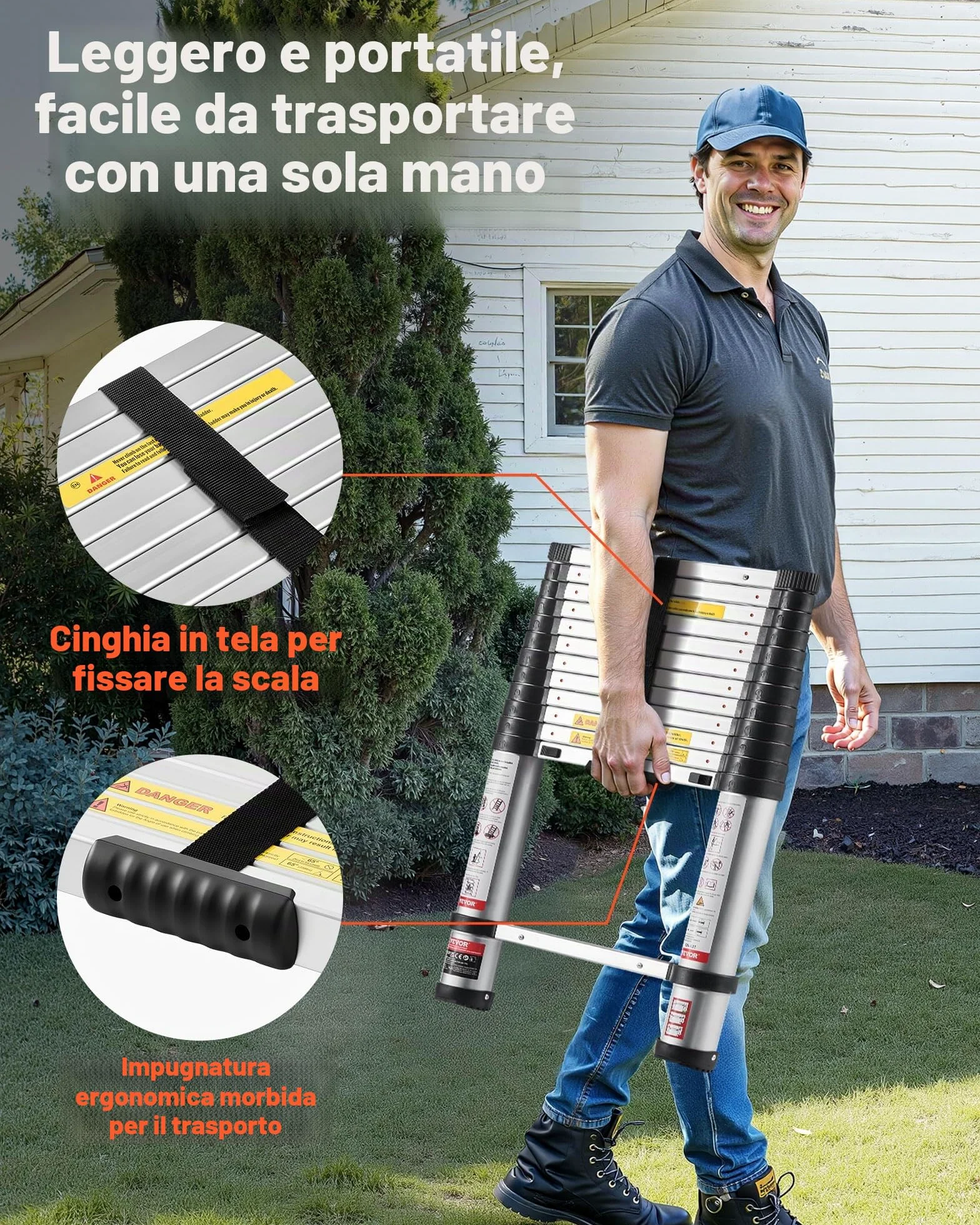 VEVOR Scala Telescopica da 3,8 m, Scala Estensibile Pieghevole Multiuso in Alluminio, Capacità Carico max. di 150 kg con Piedini Antiscivolo, per Casa, Lavori all'Aperto, Soffitta