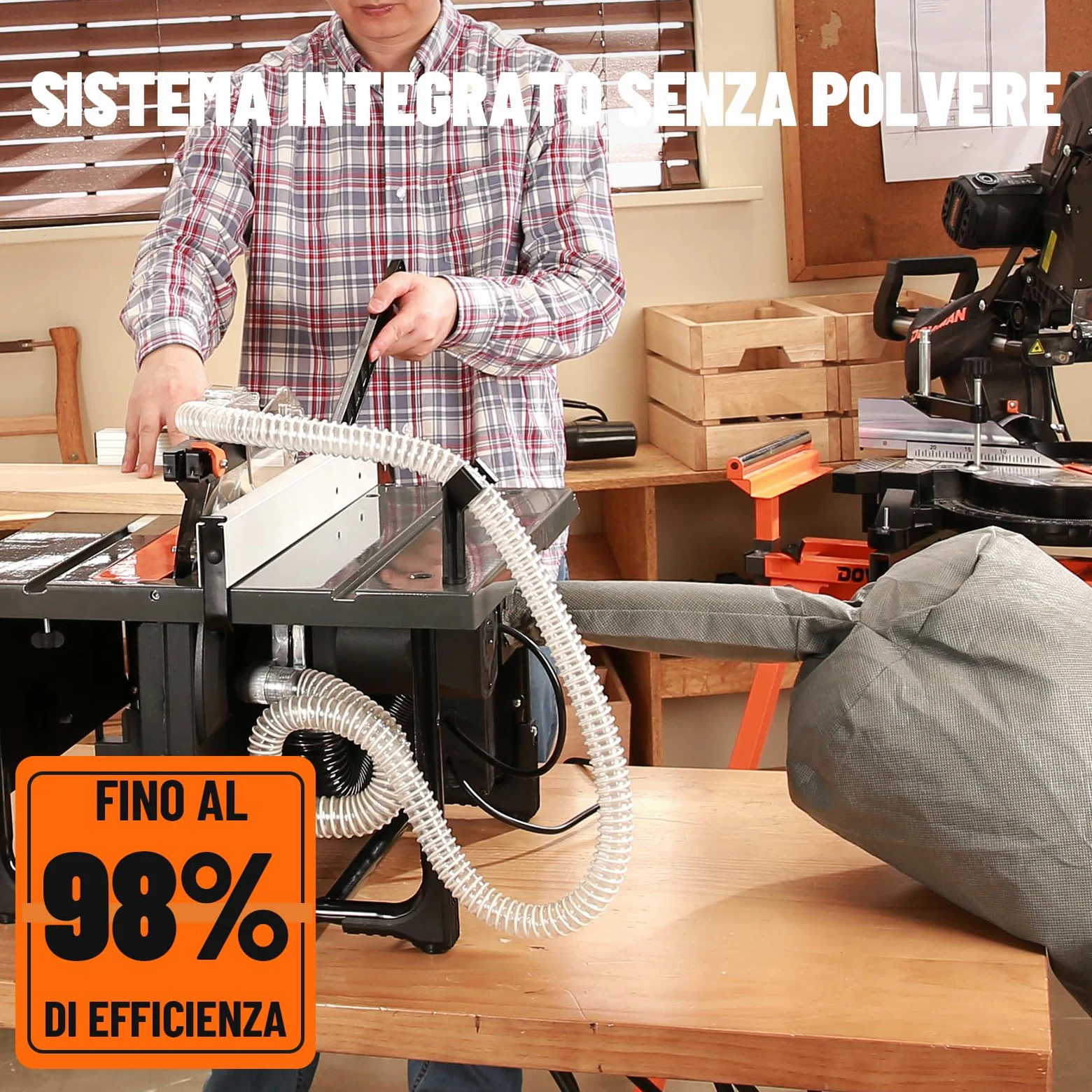 DOVAMAN Banco Sega Circolare per Legno 2000W, 98% Raccolta Polvere, Taglio Max 60mm, Lama 216mm, Piano Estensibile 48-80cm, Storage Integrato, Sega da Tavolo per DIY e Hobby - DTS02M