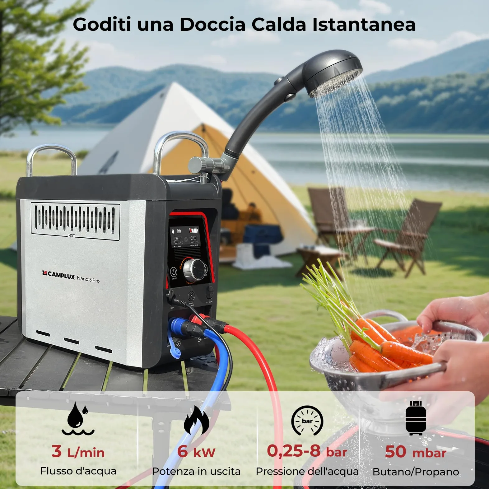 CAMPLUX Nano 3 Lt Scaldabagno a Gas Portatile con Pompa dell'acqua, GPL, 50mbar, 12V, per Doccia Esterna, Campeggio, Nano 3 Pro-DE
