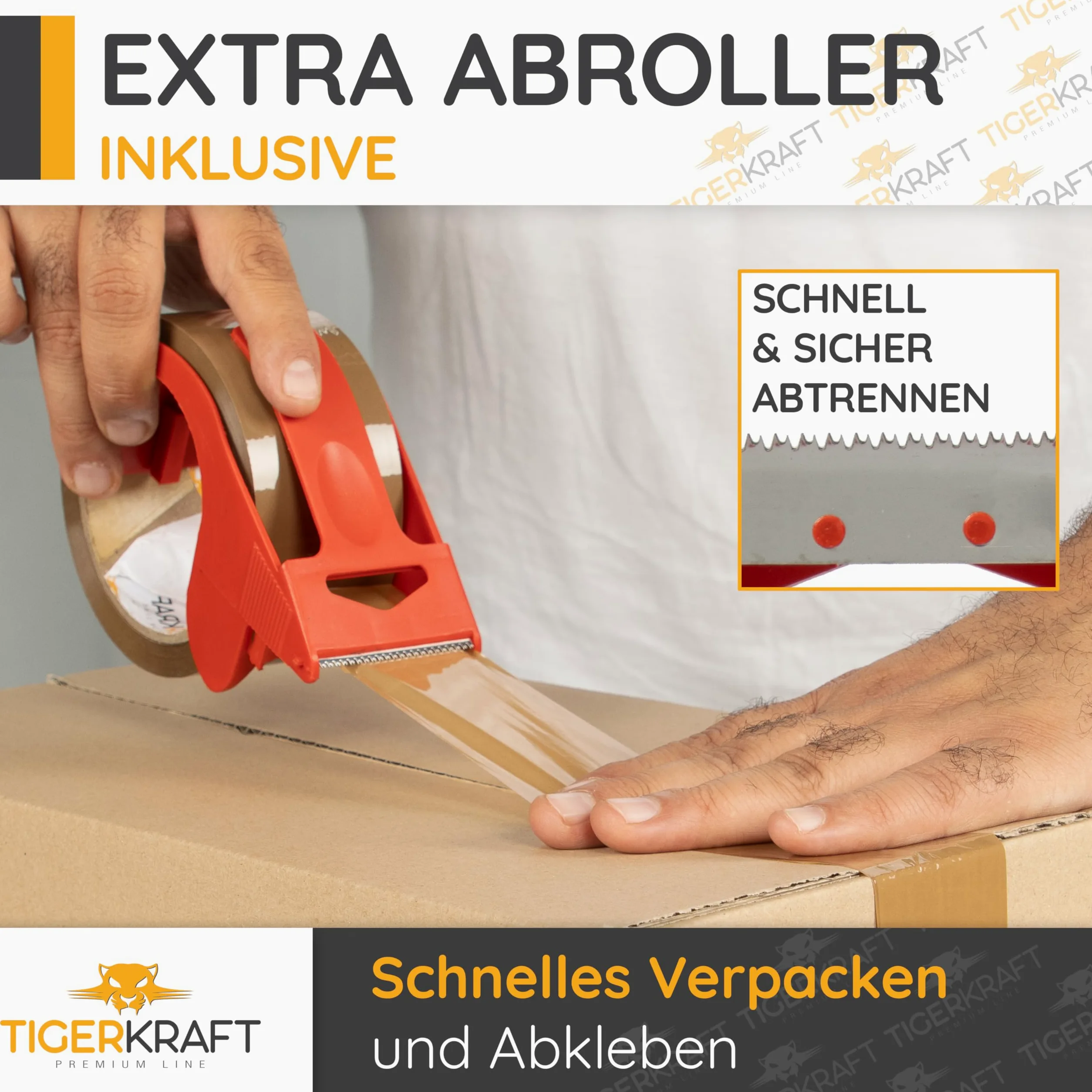 TIGERKRAFT – Nastro adesivo a basso rumore con avvolgitore – Nastro adesivo resistente ai raggi UV – Nastro adesivo ogni 48 mm x 66 m / 48 micron – Nastro per imballaggio per spedizione, magazzino,