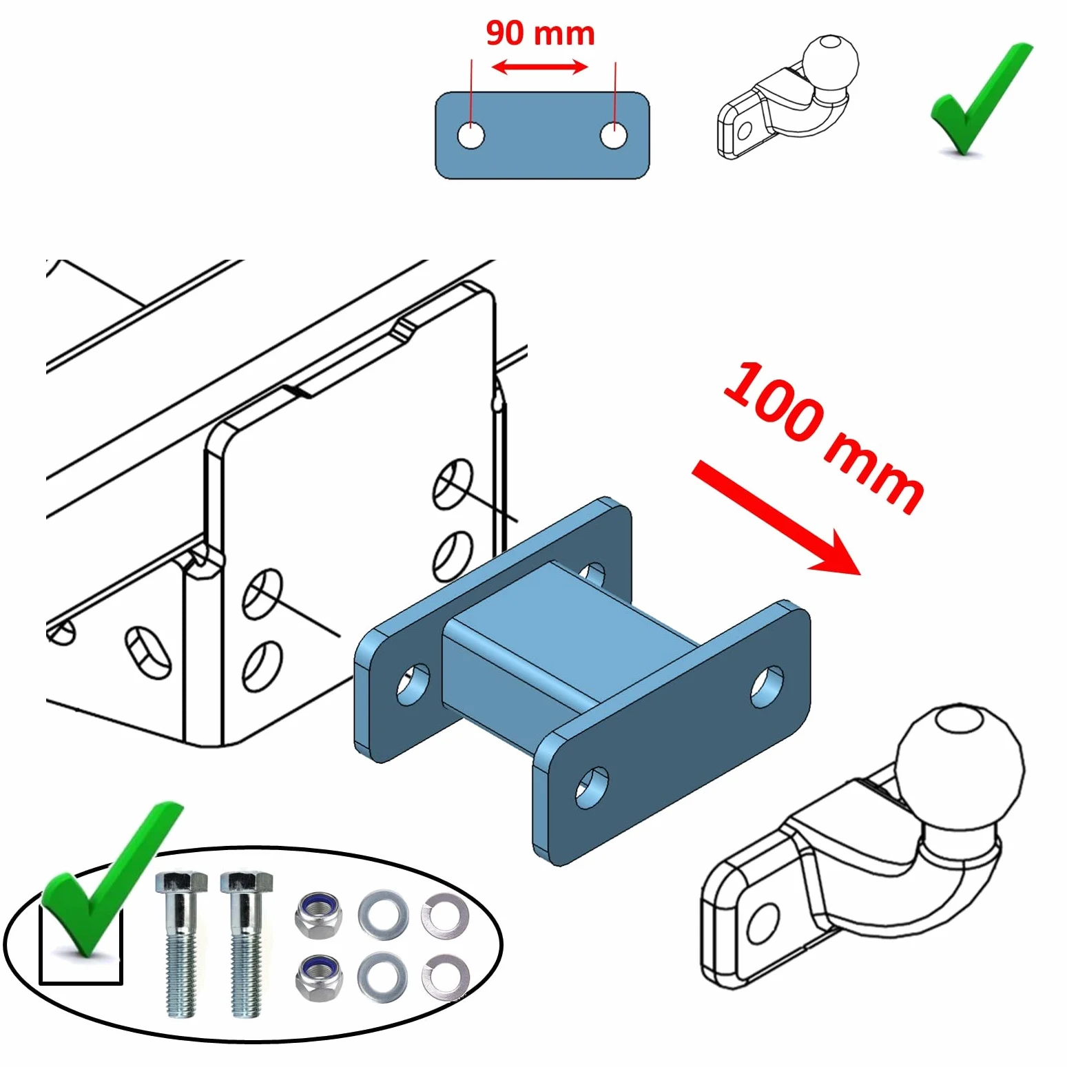 Prolunga per gancio a testa sferica AHK per sfera a 2 fori con distanza tra i fori (100 mm)