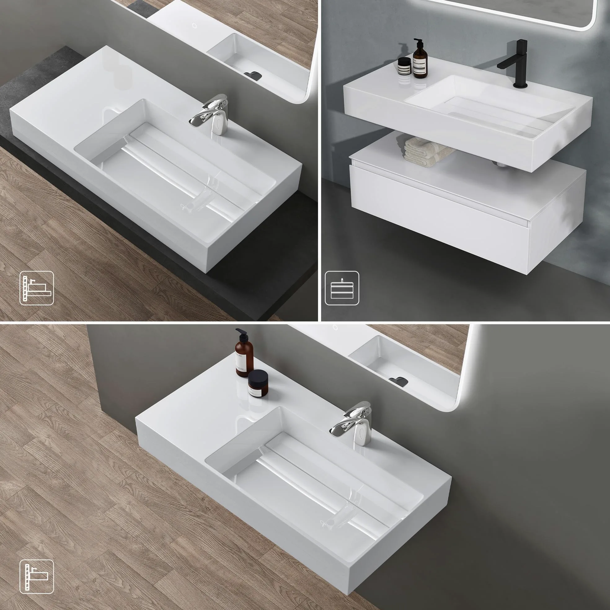 doporro Lavabo Bagno Sospeso Lavabo da Appoggio Rettangolare in Marmo Resina Bianco Lucido, Vasca a Destra 75x43x14 cm con 1 Foro Rubinetto e Piletta Scarico, Colossum12