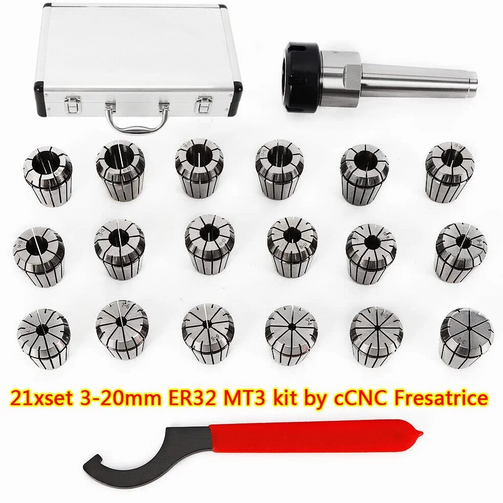 Set di 21 pinze con contenitore MK3, fusto ER32 MT3, per incisione e fresatura di utensili rotanti